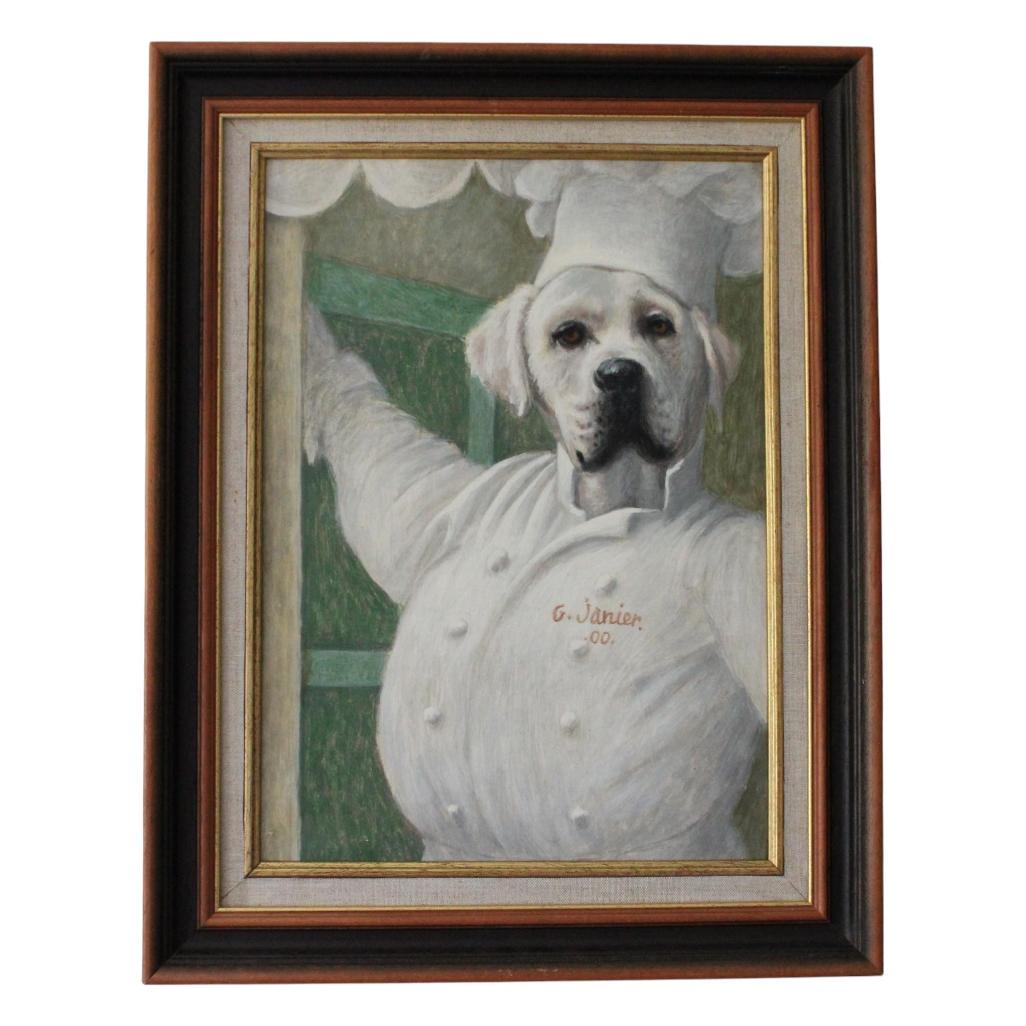 Georges Janier Figurative Painting – Vintage Französisch Chef Hund Kopf Charakter Ölgemälde auf Leinwand