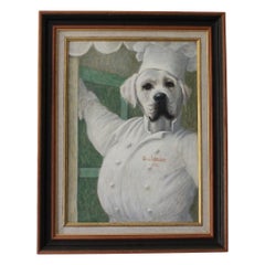 Pintura al óleo sobre lienzo Vintage French Chef Dog Head Character