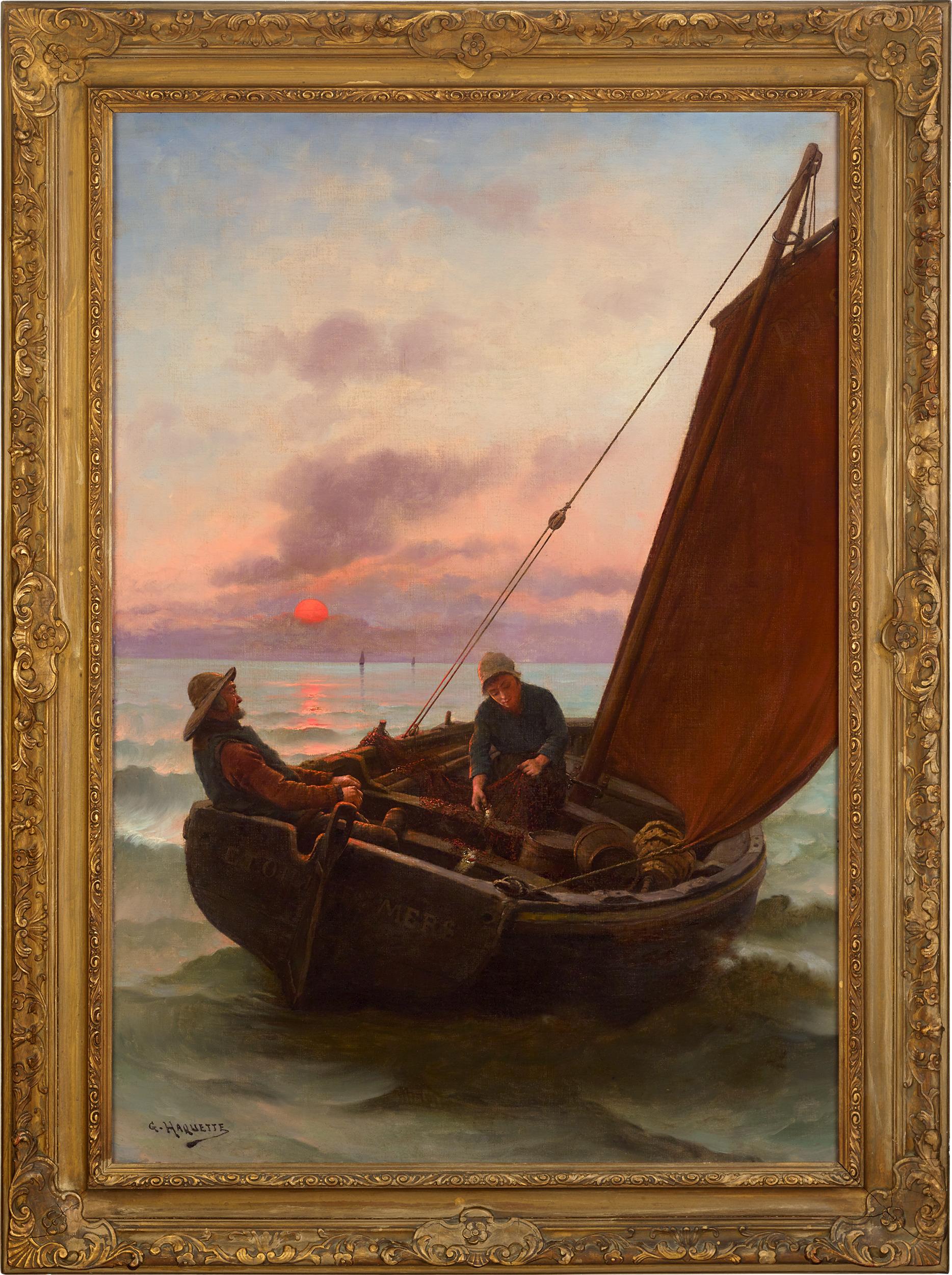 Fishing Boat By Georges Haquette - Painting by Georges Jean-Marie Haquette