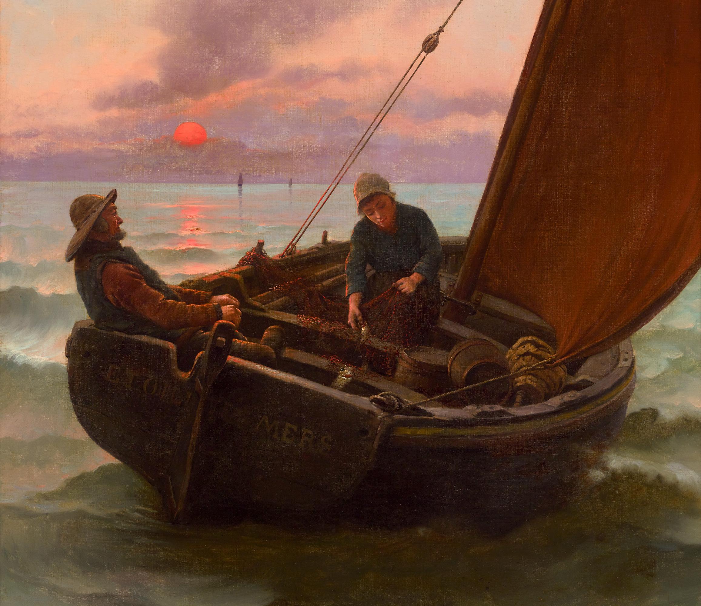 Fishing Boat By Georges Haquette - Realist Painting by Georges Jean-Marie Haquette