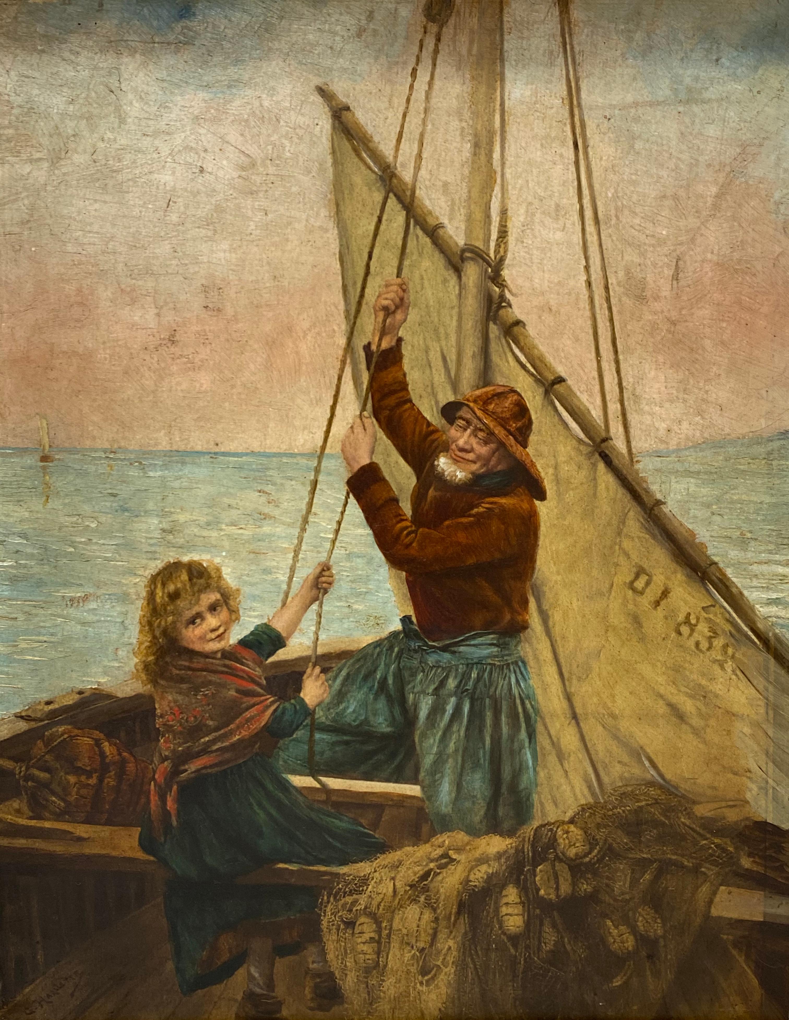 « Fishermans Daughter », peinture à l'huile originale de Georges Jean Marie Haquette, 19e siècle  6