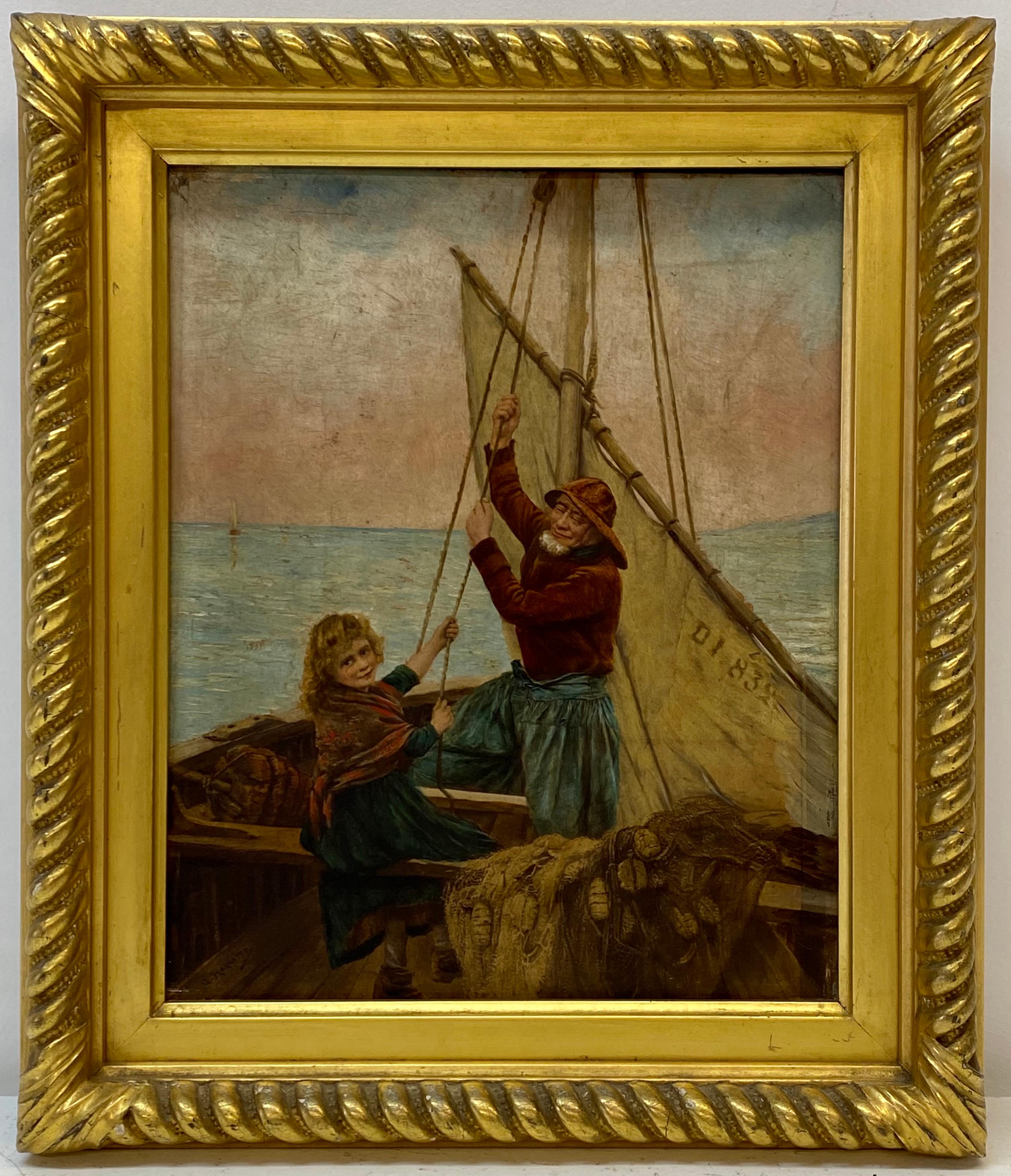 « Fishermans Daughter », peinture à l'huile originale de Georges Jean Marie Haquette, 19e siècle  1