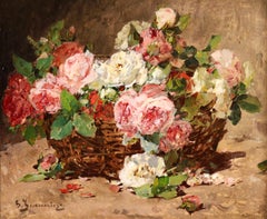 Korb mit Rosen – impressionistisches Ölgemälde, Stillleben mit Blumen von Georges Jeannin