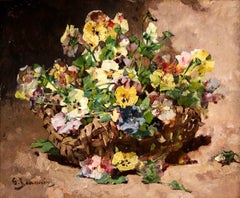Antique Basket of Violas - Impressionist Oil, Still Life of Flowers by Georges Jeannin