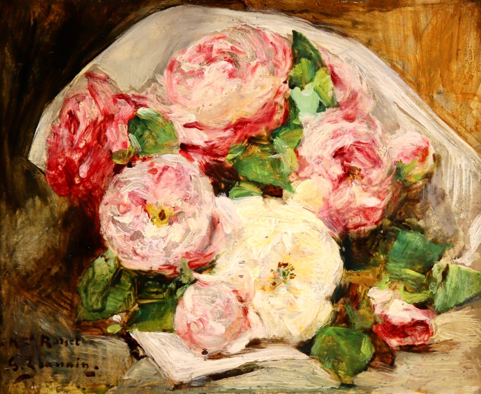 A wonderful oil on panel by French Impressionist painter Georges Jeannin depicting a bouquet of pink and cream roses. 

Signature:
Signed and dedicated lower left. 

Dimensions:
Framed: 10.5"x13"
Unframed: 8.5"x11"

Provenance:
Private French