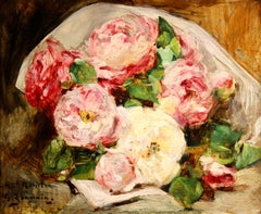 Bouquet des Roses – impressionistisches Ölgemälde, Stillleben mit Blumen von Georges Jeannin