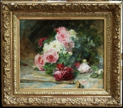 Flowers & Fan - Impressionist Oil, Still Life of Roses by Georges Jeannin
