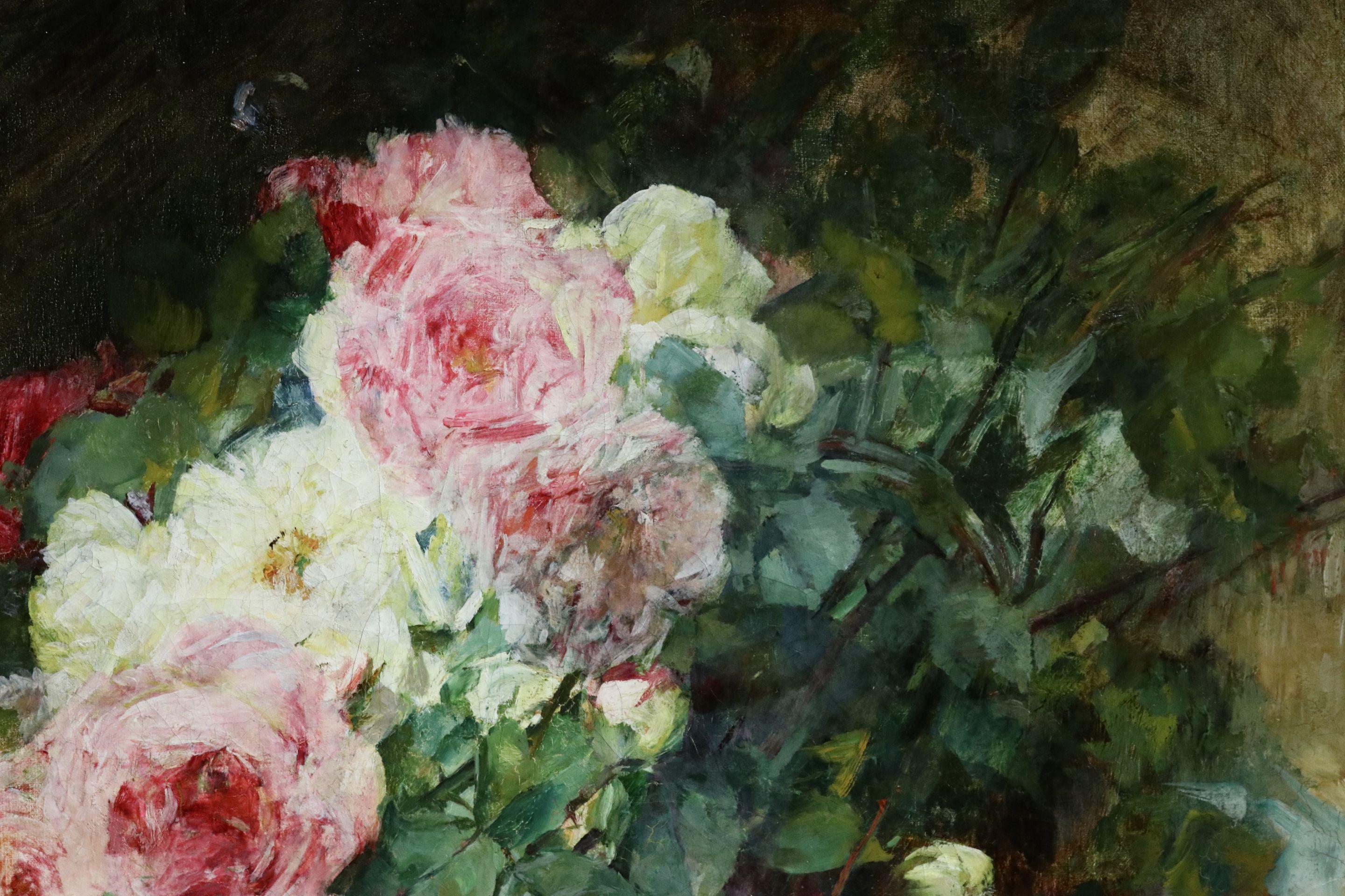 Signed and dated impressionist still life oil on original canvas by French painter Georges Jeannin. The work depicts a bouquet of pink, white and red roses with a paper fan placed in front of it. 

Signature:
Signed lower right and dated 1899