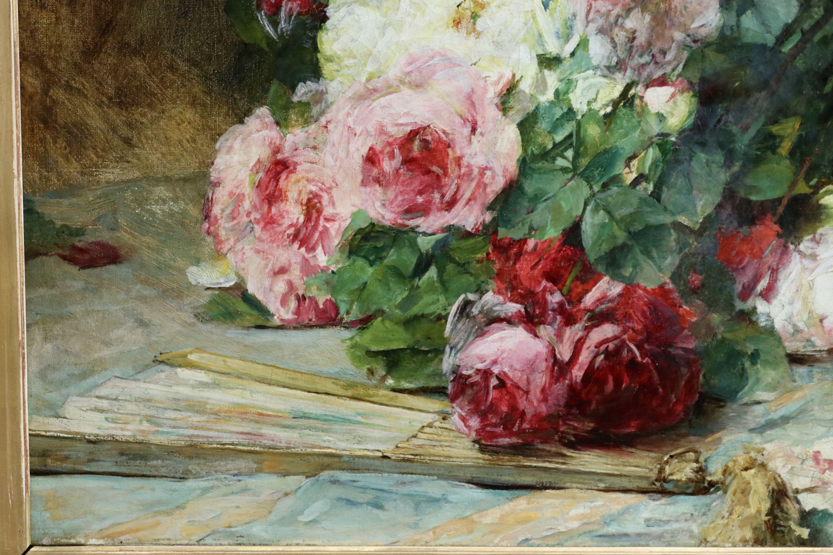 Blumen und Fächer – Impressionistisches Ölgemälde, Stillleben mit Rosen von Georges Jeannin 3