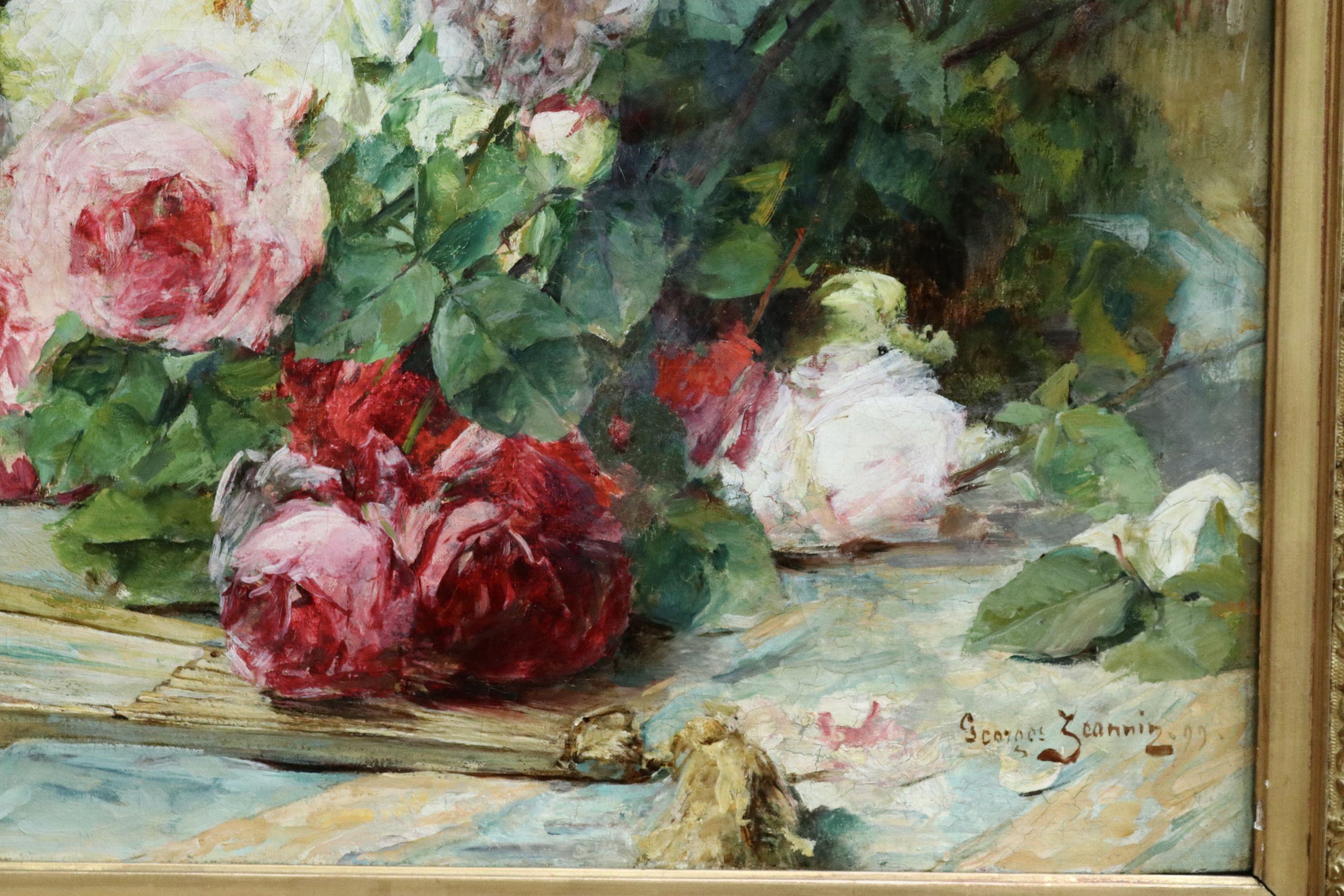 Flowers & Fan - Impressionist Oil, Still Life of Roses by Georges Jeannin For Sale 2