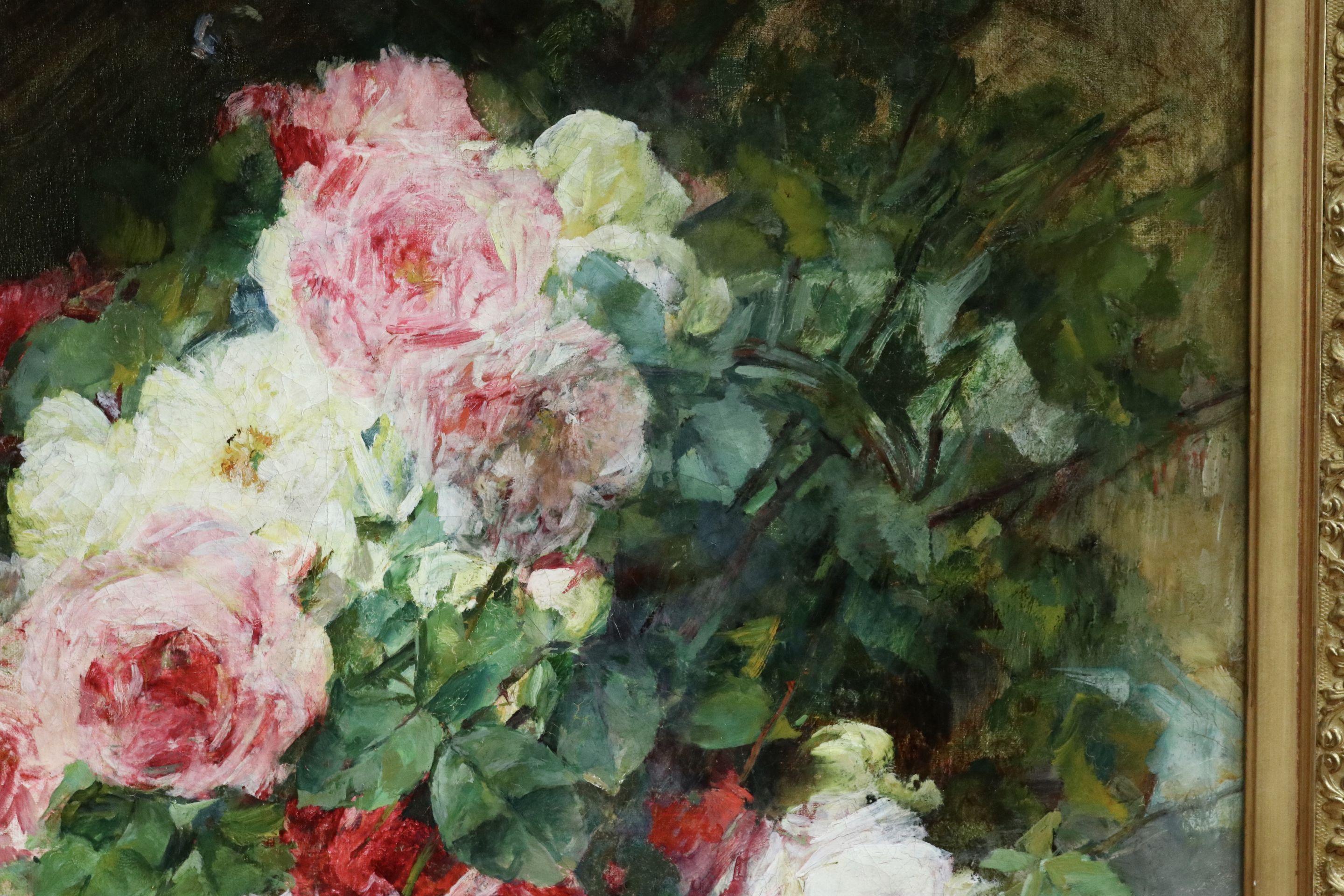 Blumen und Fächer – Impressionistisches Ölgemälde, Stillleben mit Rosen von Georges Jeannin 5