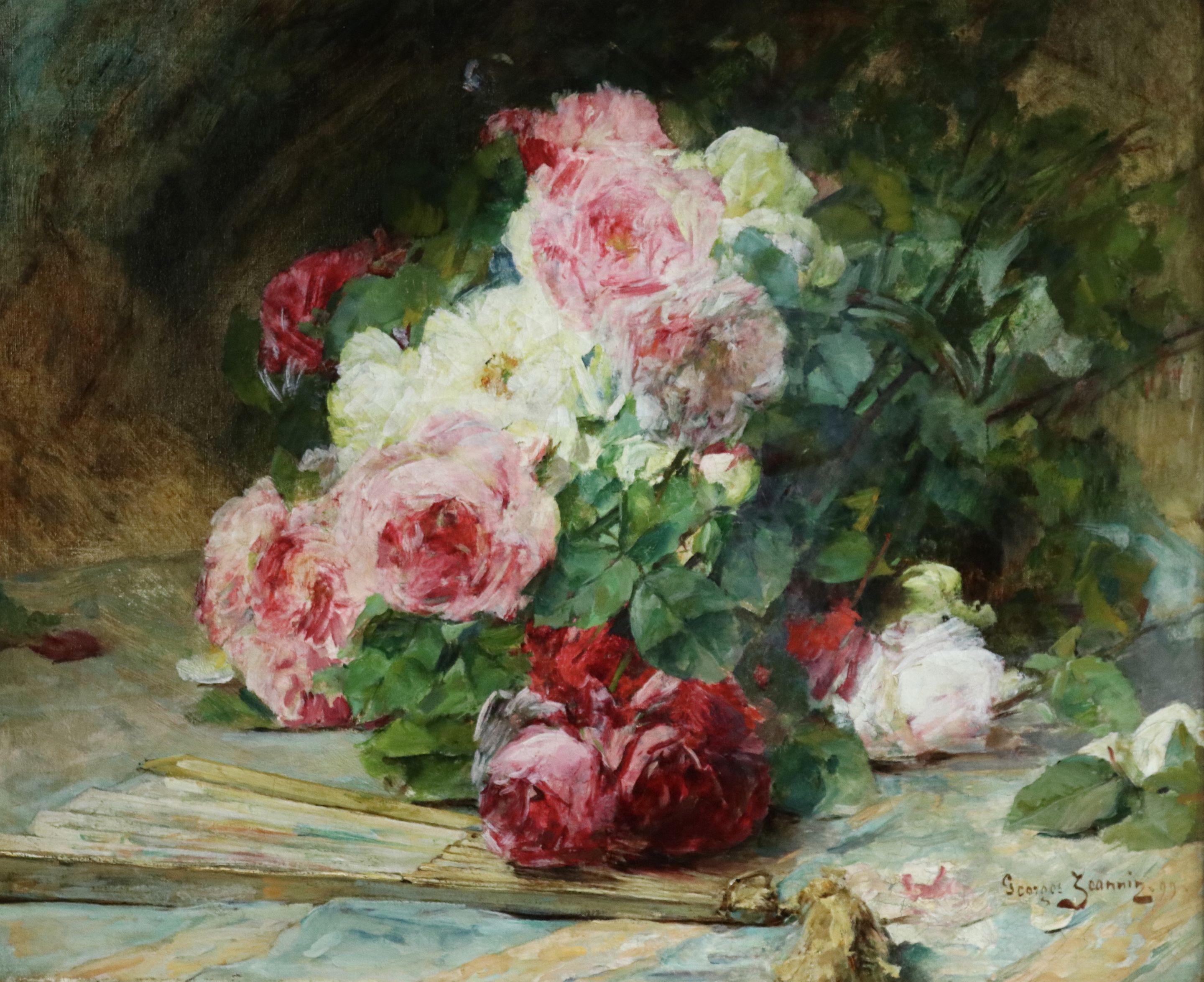 Blumen und Fächer – Impressionistisches Ölgemälde, Stillleben mit Rosen von Georges Jeannin im Angebot 1