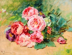 Rosas rosas - Óleo impresionista, Bodegón de flores de Georges Jeannin