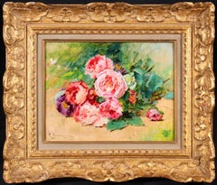 Rosa Rosen – Impressionistisches Ölgemälde, Stillleben mit Blumen von Georges Jeannin