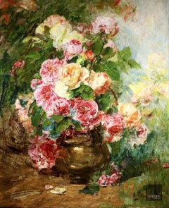 Pink & Yellow Roses - Impressionist Oil, Still Life of Flowers - Georges Jeannin