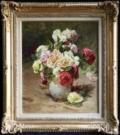Roses - 19th Century Oil, Still Life of Flowers in Interior by Georges Jeannin