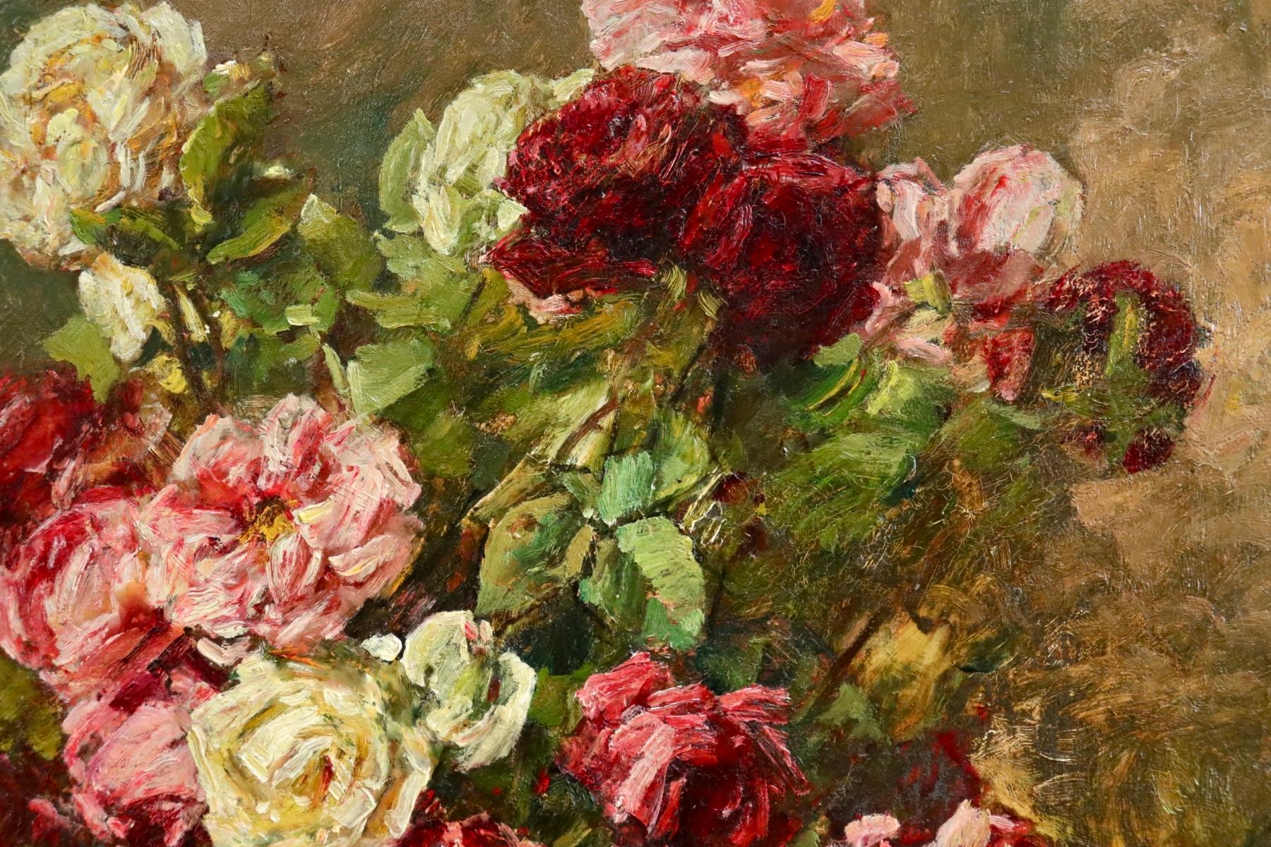 Oil on canvas by Georges Jeannin depicting a green ceramic vase filled with red, pink and cream flowers on a table in an interior. Signed and dated lower left. Framed dimensions are 40 inches high by 34 inches wide.

Georges Jeannin painted bouquets