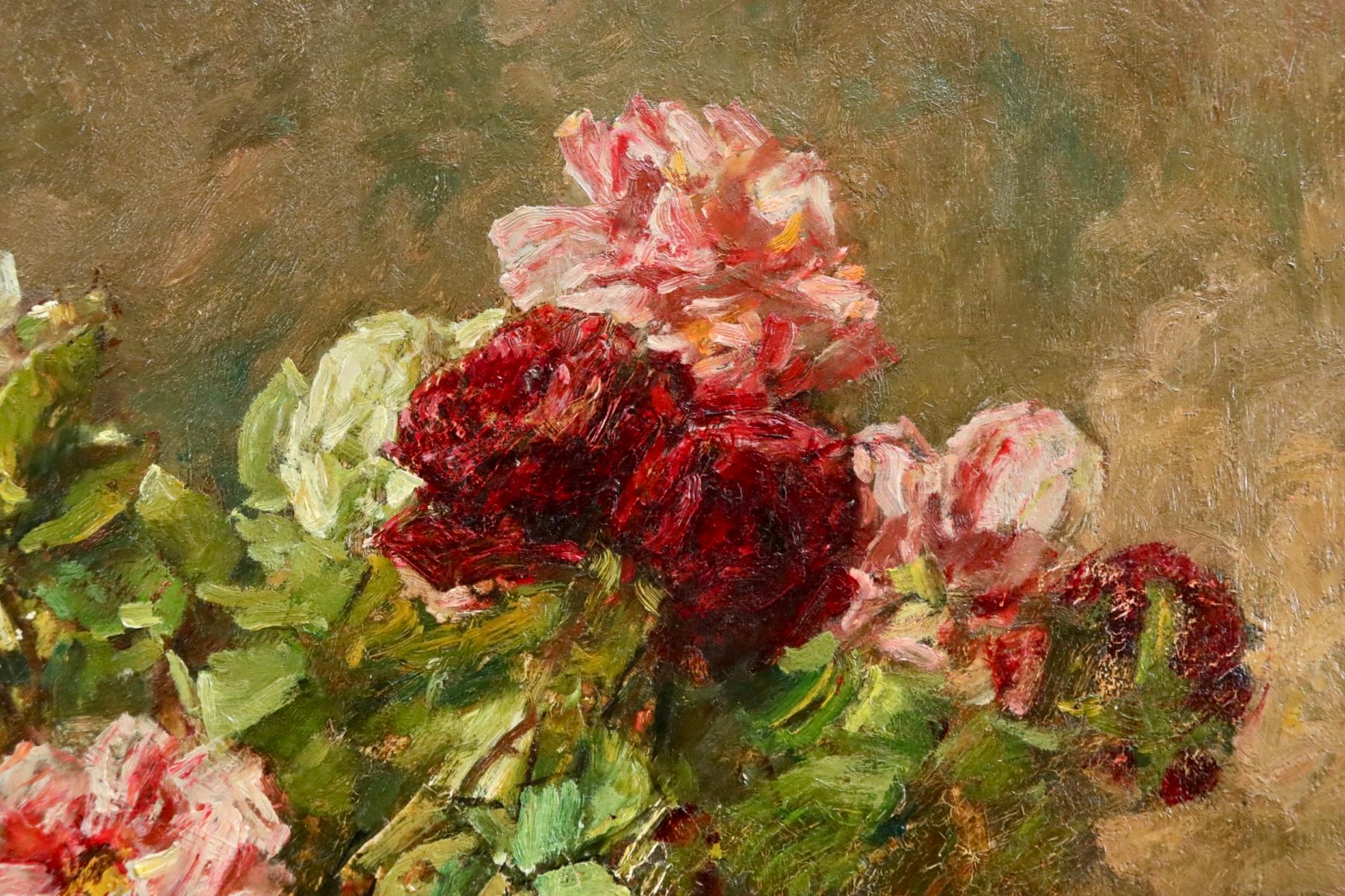 Roses - 19th Century Oil, Still Life of Flowers in Interior by Georges Jeannin 1