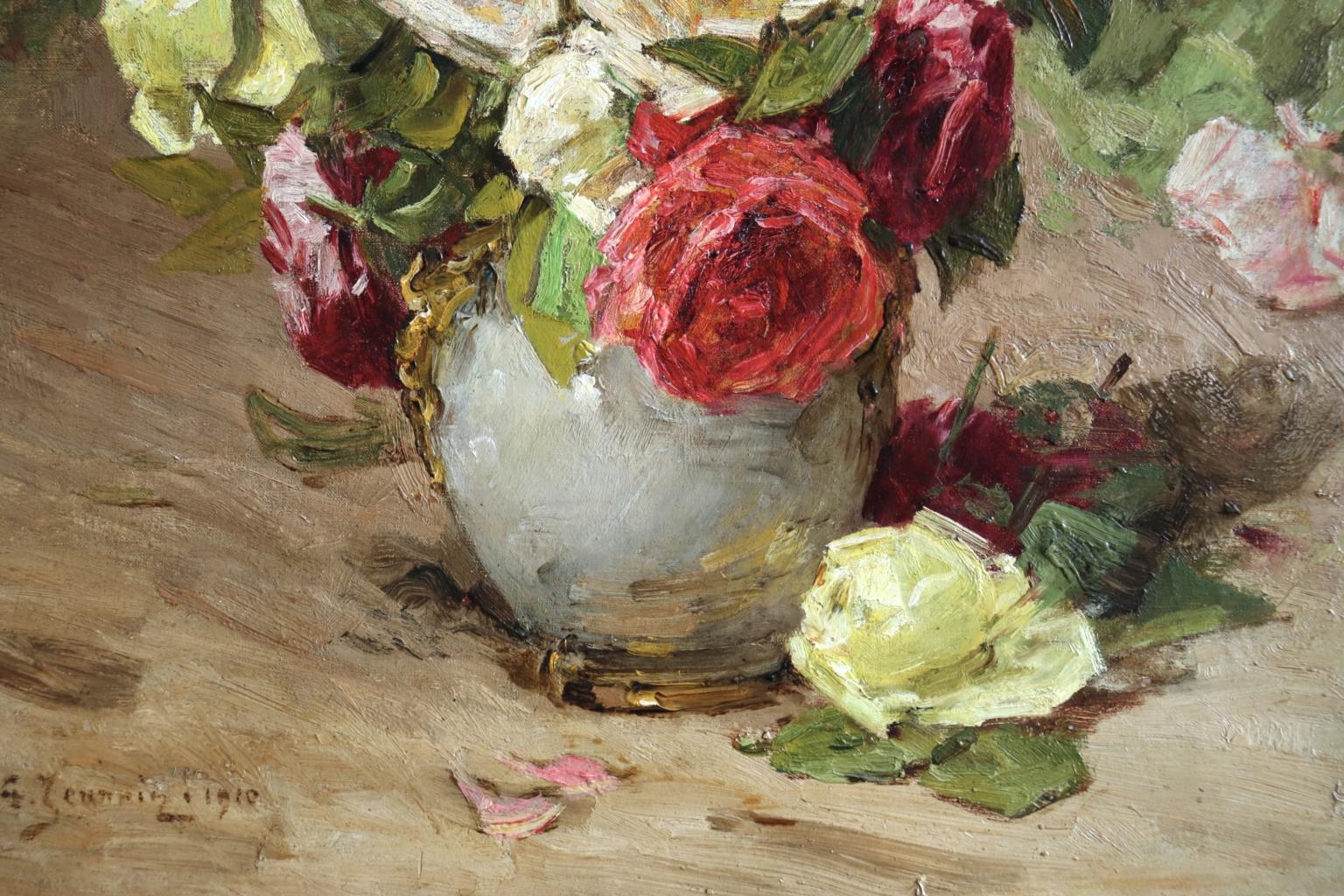 Roses - 19th Century Oil, Still Life of Flowers in Interior by Georges Jeannin 1