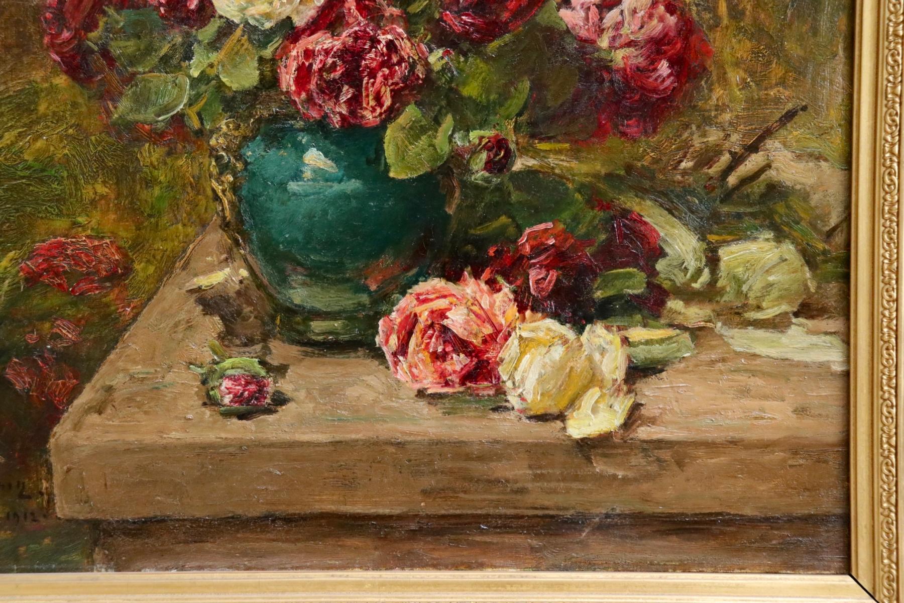 Roses - 19th Century Oil, Still Life of Flowers in Interior by Georges Jeannin 5