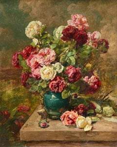 Roses - 19th Century Oil, Still Life of Flowers in Interior by Georges Jeannin