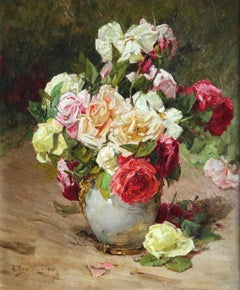 Roses - 19th Century Oil, Still Life of Flowers in Interior by Georges Jeannin