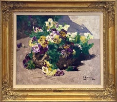 Yellow and Purple Pansies in a Basket by Georges Jeannin French Floral Oil Paint