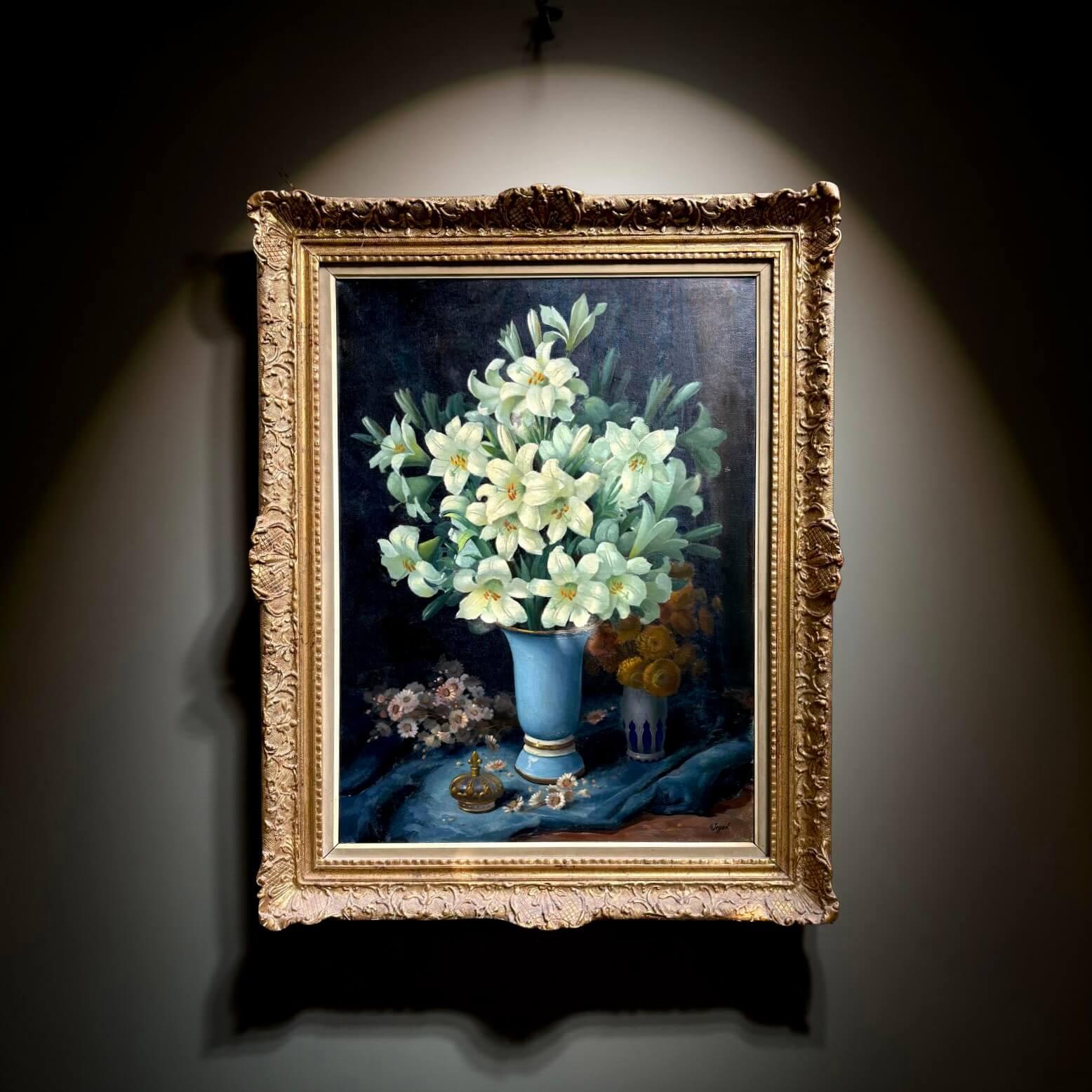 Grande Natura Morta Vaso con Fiori di Giglio Firmato - Painting di Georges Jessen