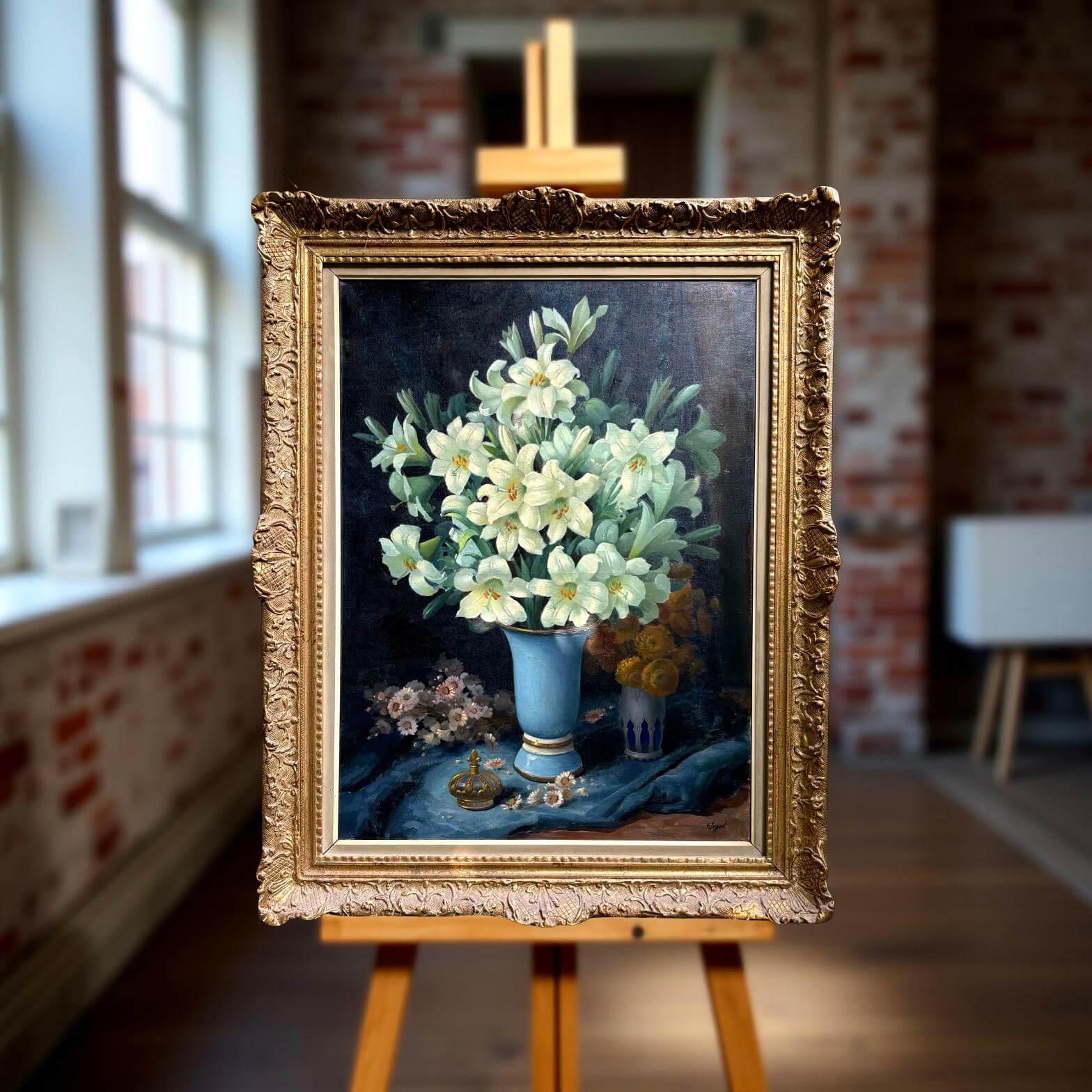 Grande Natura Morta Vaso con Fiori di Giglio Firmato - Painting Scuola fiamminga di Georges Jessen