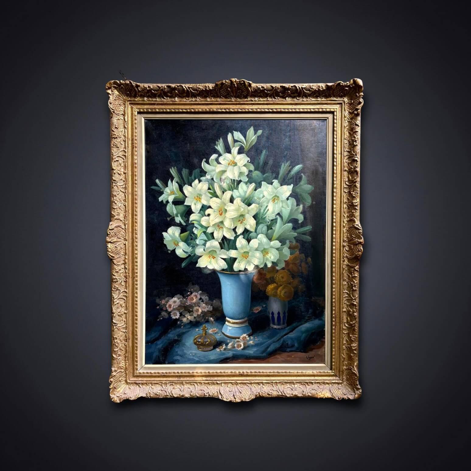 Grande Natura Morta Vaso con Fiori di Giglio Firmato - Still-Life Painting Black di Georges Jessen