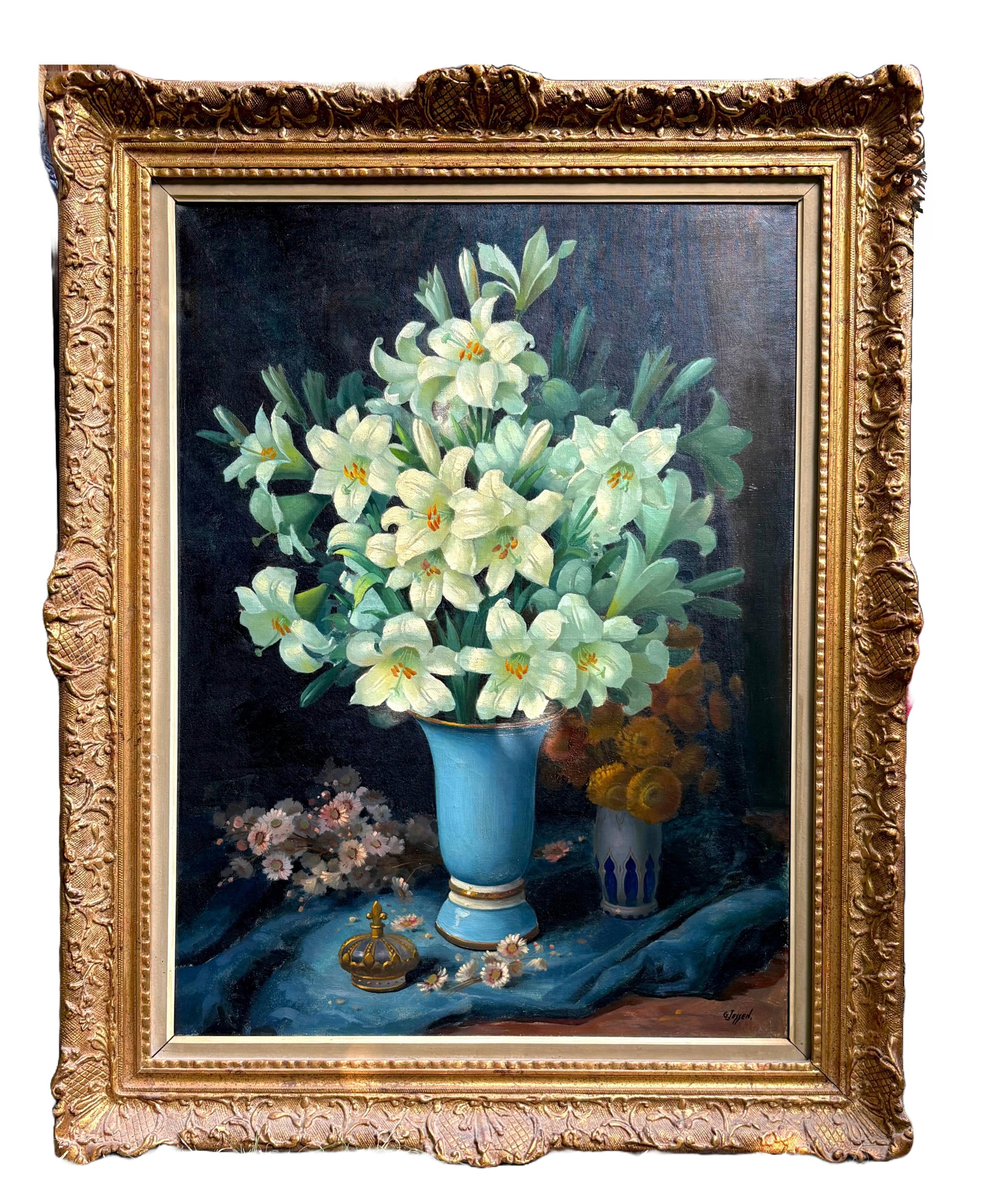 Still-Life Painting di Georges Jessen - Grande Natura Morta Vaso con Fiori di Giglio Firmato