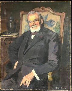 1930's Large French Oil Distinguished Portrait  Dapper Gentleman in Suit & Chair