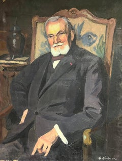 Ritratto distinto a olio francese di grandi dimensioni del 1930  Gentiluomo elegante in abito e sedia