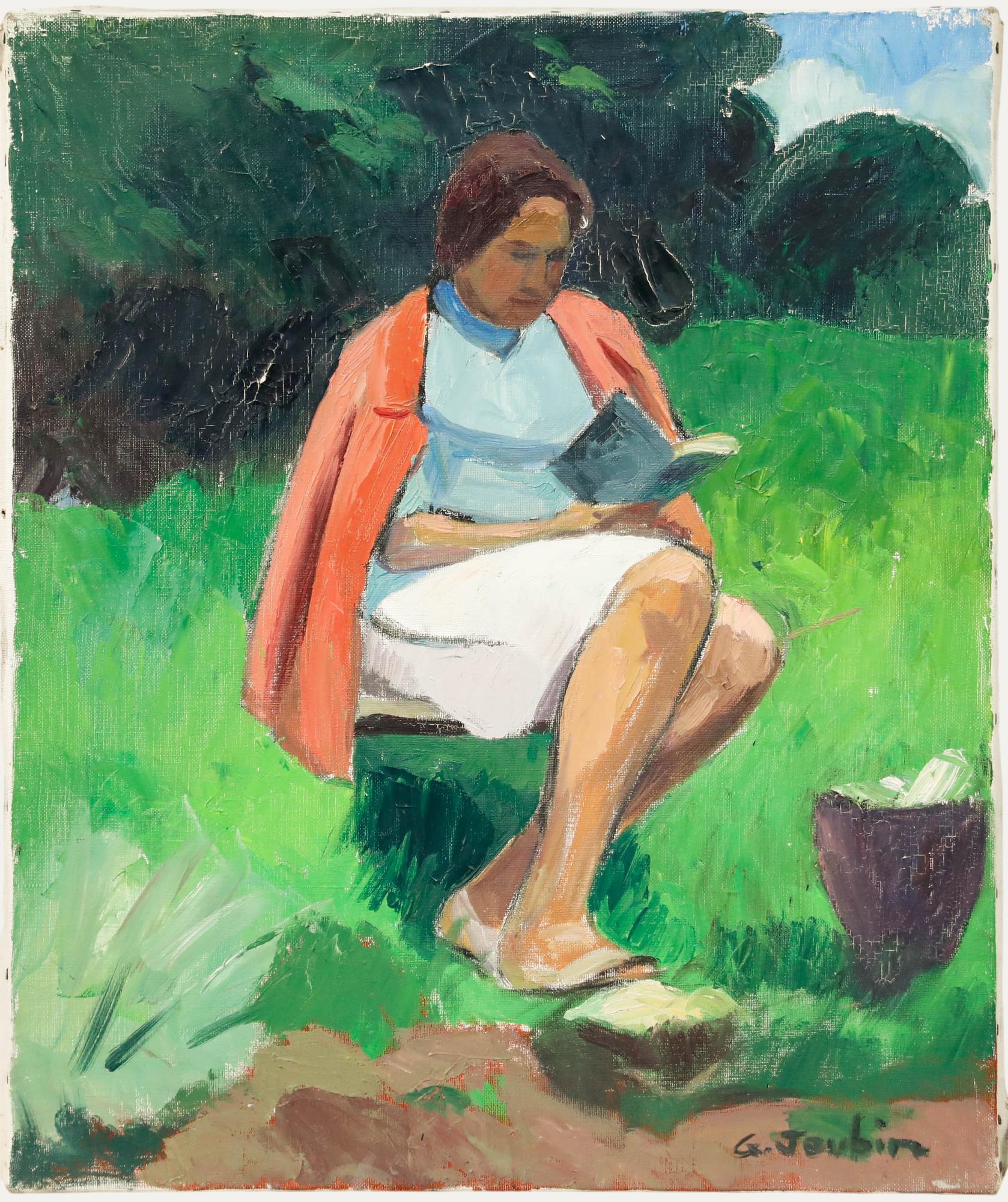 A woman peacefully reads a book in a verdant park in this intimate portrait by French artist Georges Joubin (1888-1983). Joubin painted numerous scenes of women reading, evidently finding inspiration in the sense of peacefulness and introspection