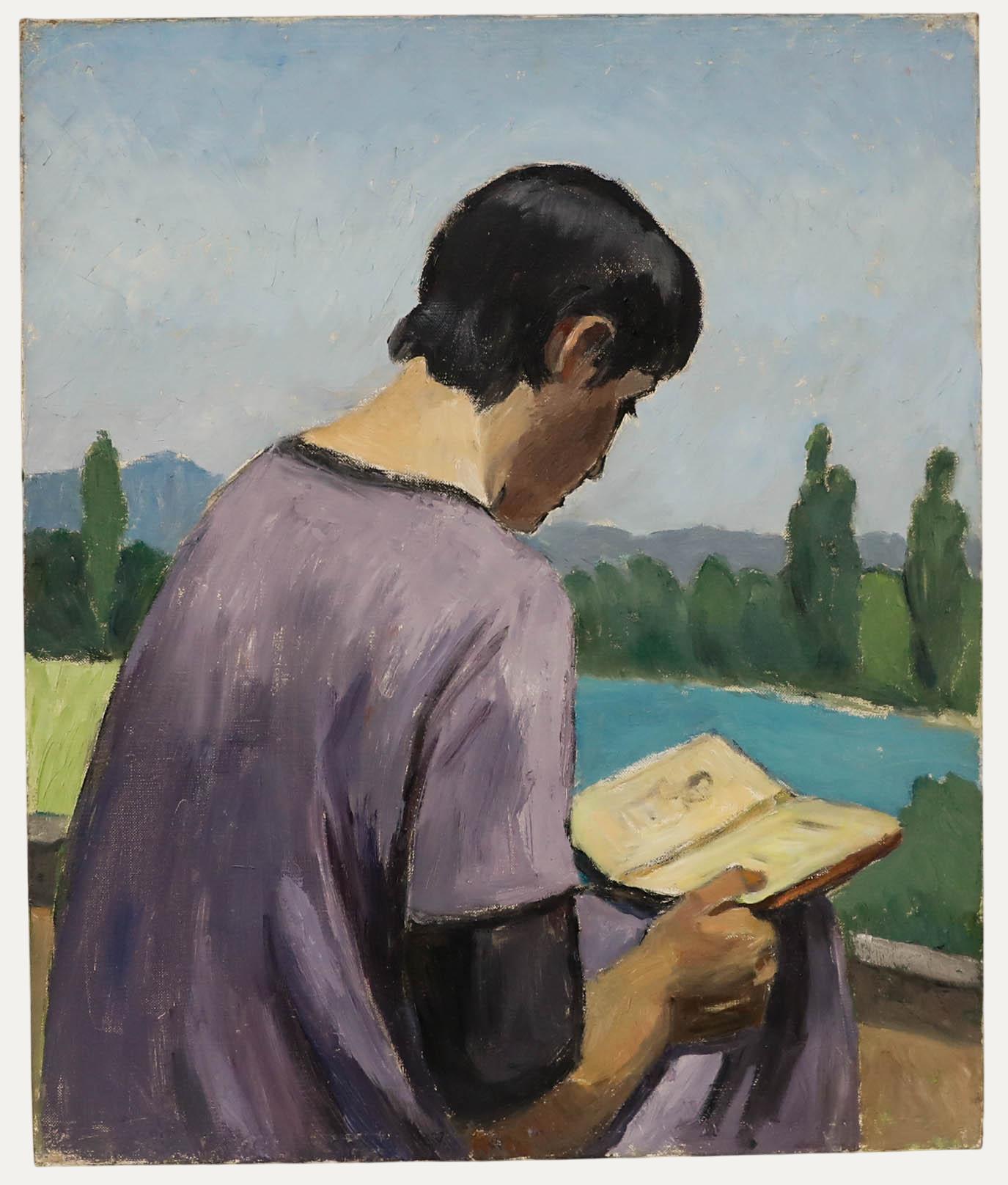 Auf diesem intimen Porträt des französischen Künstlers Georges Joubin (1888-1983) liest eine Frau friedlich ein Buch in einer grünen Landschaft. Joubin malte zahlreiche Szenen von Frauen, die lesen, und ließ sich offensichtlich von der Ruhe und