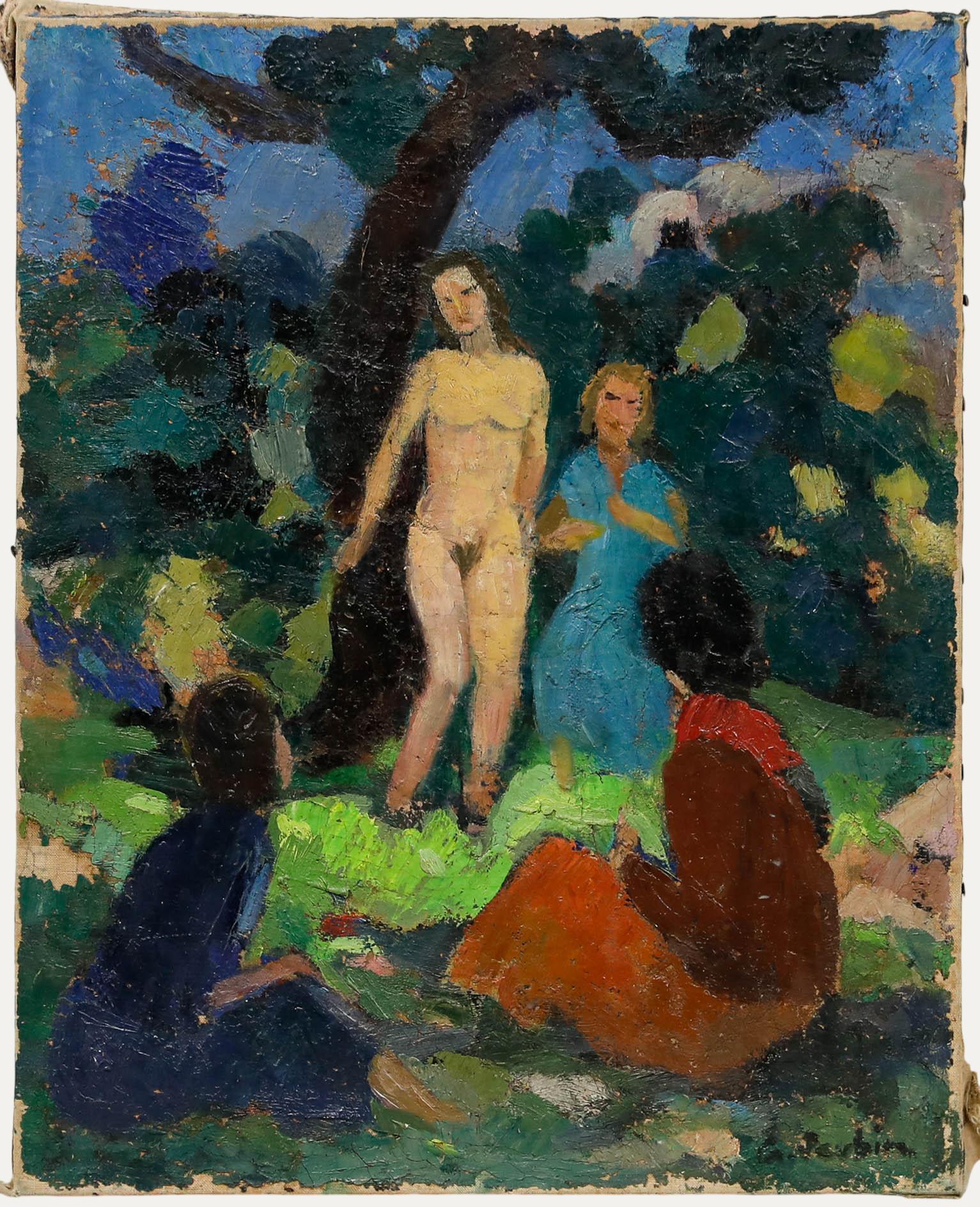 Eine stimmungsvolle figurative Komposition, die Badende in einer grünen Landschaft zeigt. Die Szene zeigt einen zentralen stehenden Akt, umgeben von sitzenden Begleitern in farbenfroher Kleidung, die sich unter dem Blätterdach der Bäume versammelt