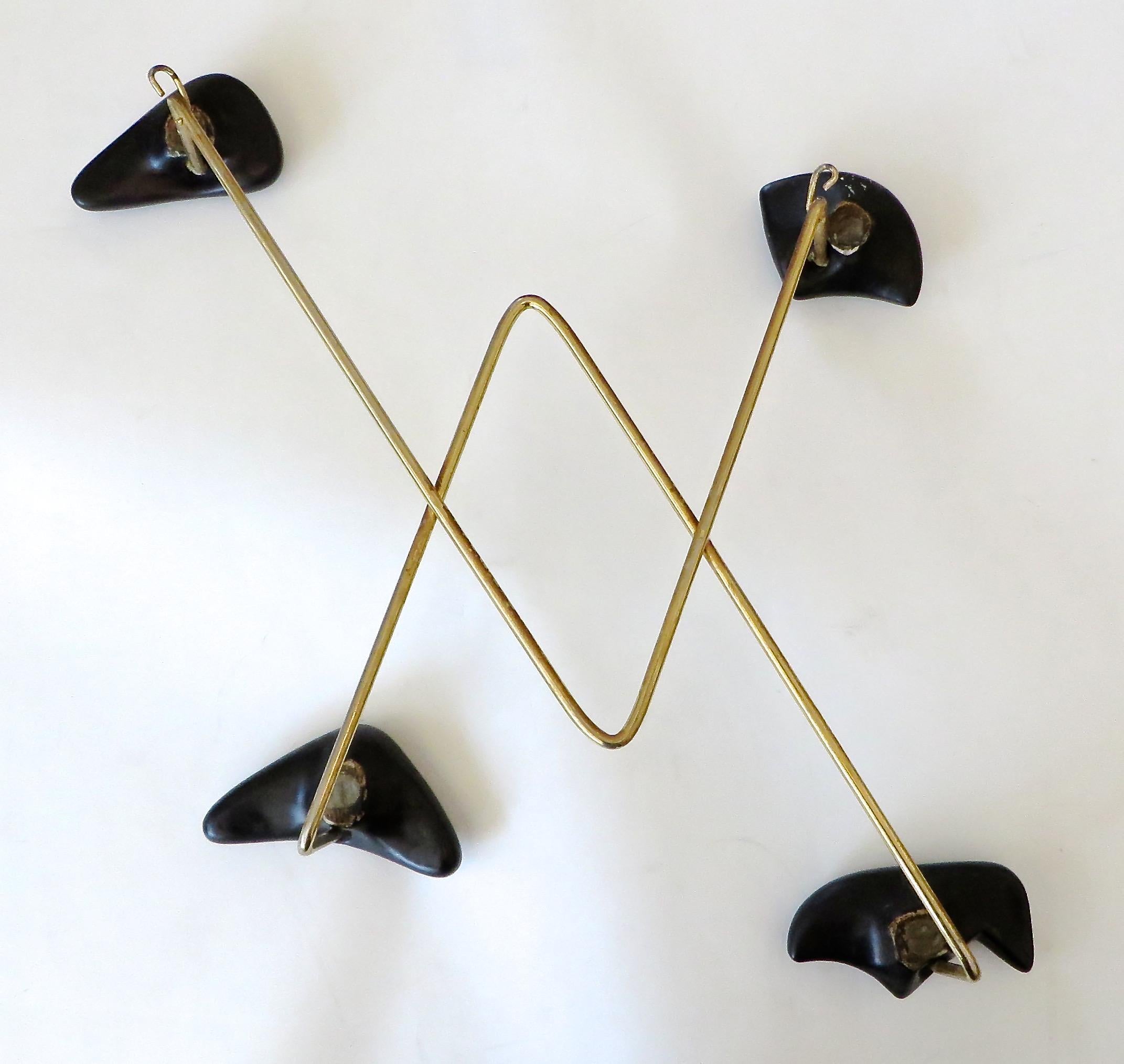Mid-Century Modern  Georges Jouve and Marcel Asselbur Ceramic and Brass Wall Mounted Hat Coat Rack 