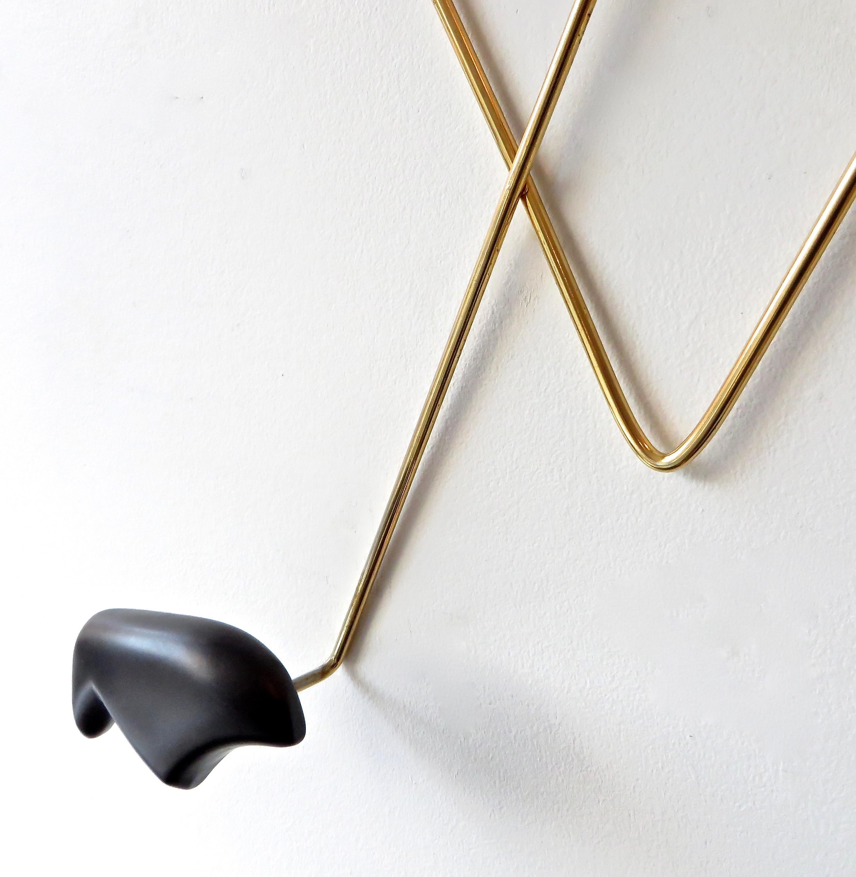 French  Georges Jouve and Marcel Asselbur Ceramic and Brass Wall Mounted Hat Coat Rack 