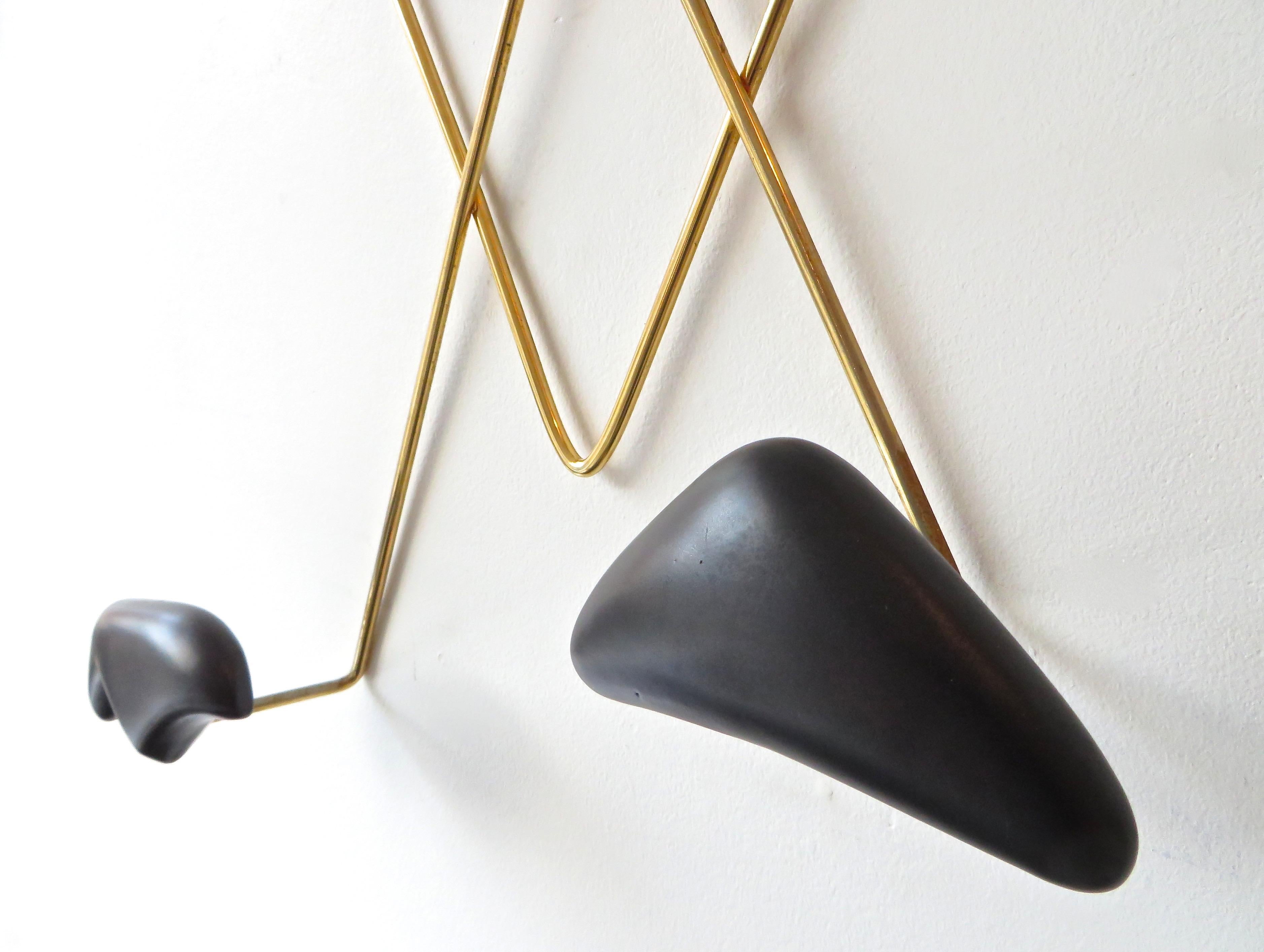 Mid-20th Century  Georges Jouve and Marcel Asselbur Ceramic and Brass Wall Mounted Hat Coat Rack 