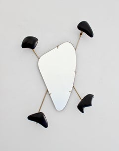 Georges Jouve Black Ceramic Coat Rack with Mirror in Brass Frame, circa 1955