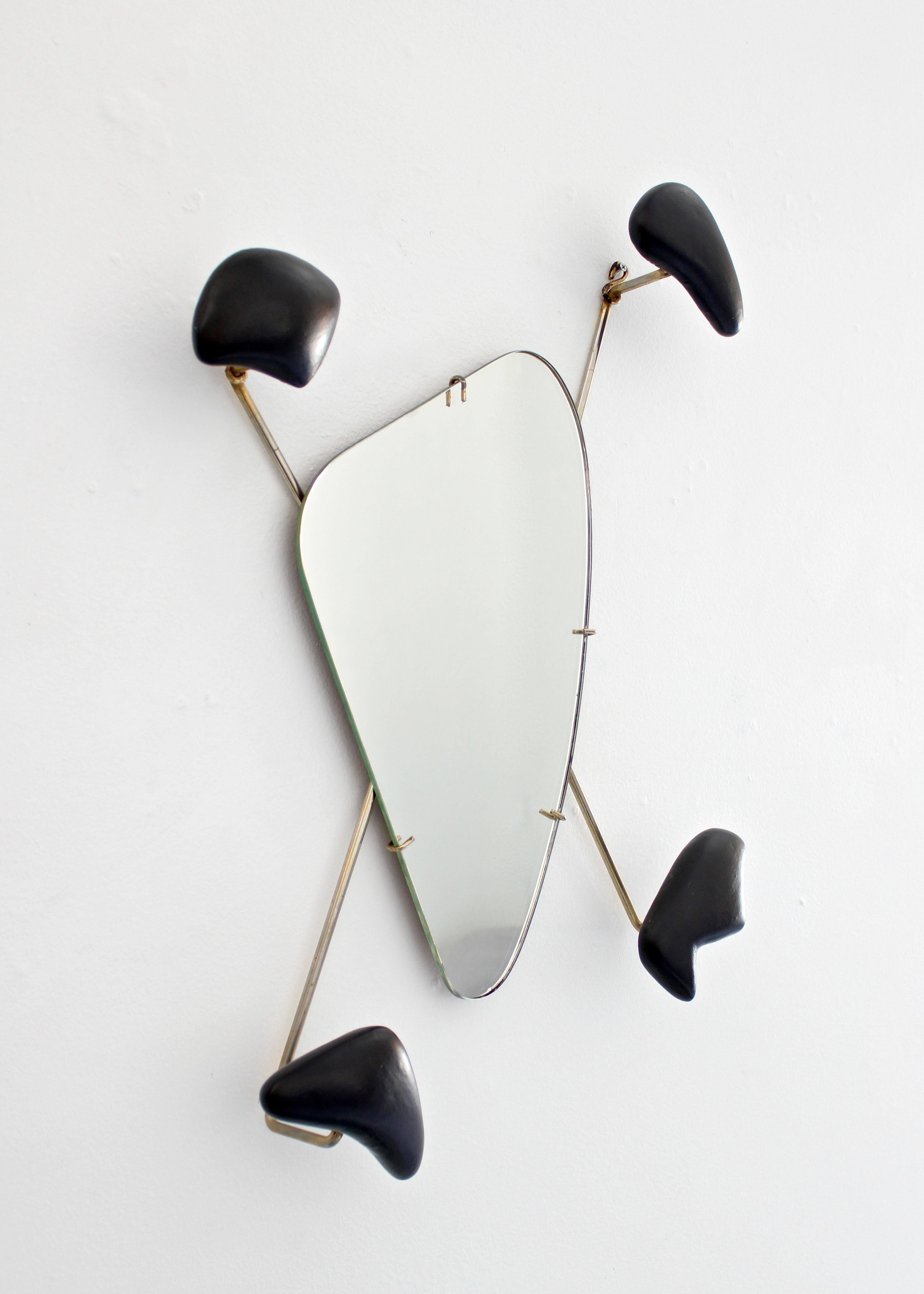 Mid-Century Modern Georges Jouve Black Ceramic Coat Rack with Mirror in Brass Frame, circa 1955