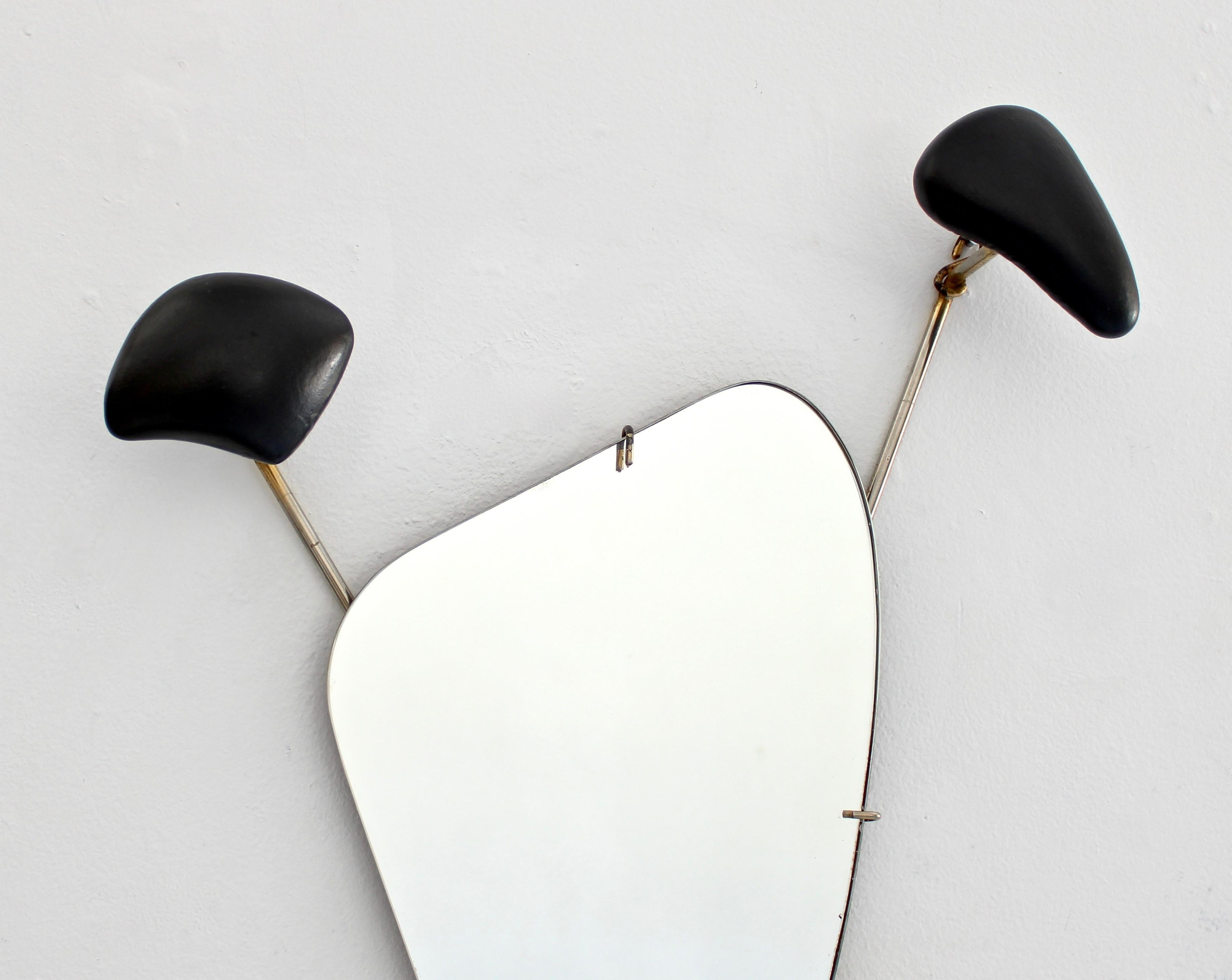 French Georges Jouve Black Ceramic Coat Rack with Mirror in Brass Frame, circa 1955