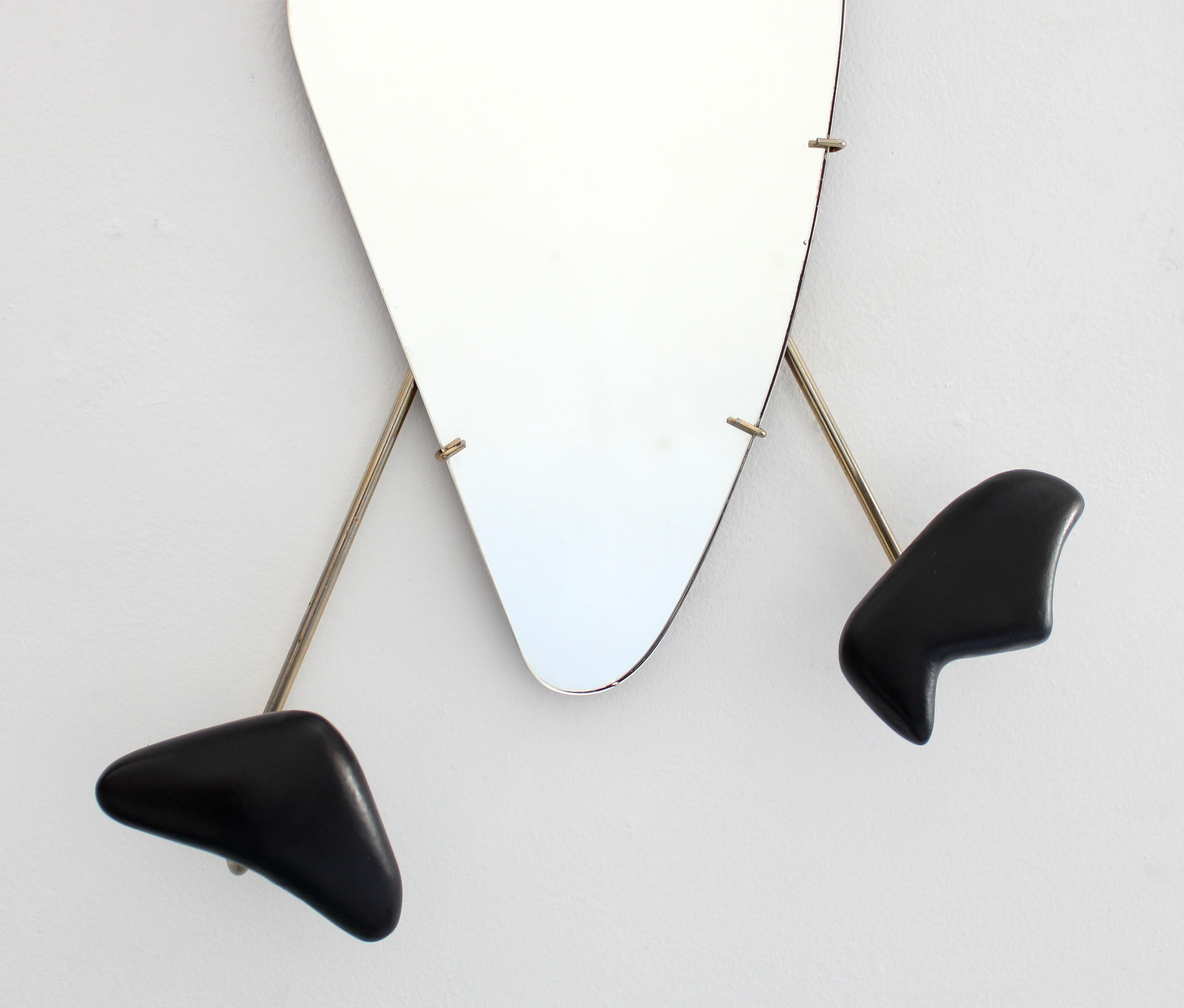 Georges Jouve Black Ceramic Coat Rack with Mirror in Brass Frame, circa 1955 In Good Condition In Chicago, IL