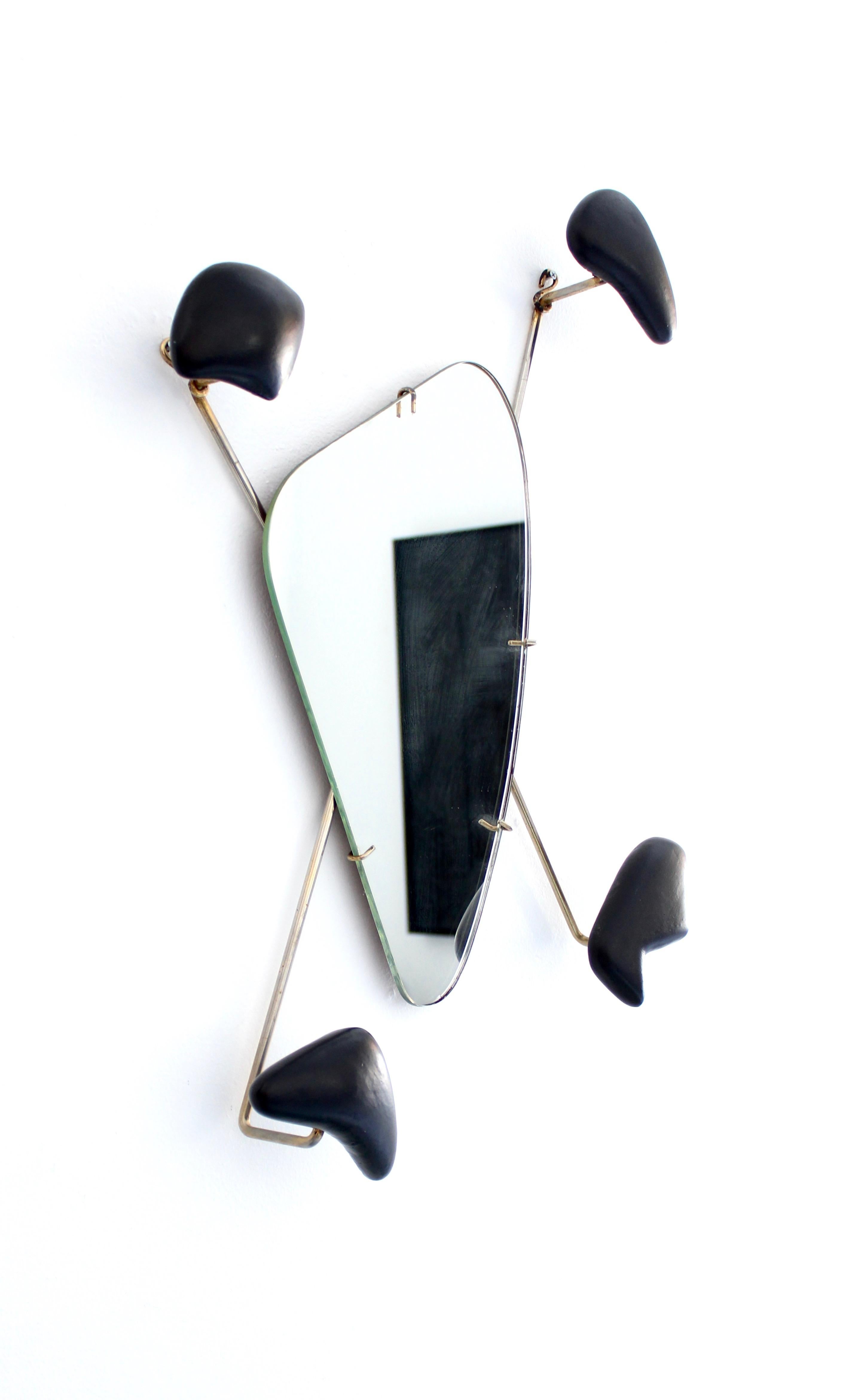 Mid-20th Century Georges Jouve Black Ceramic Coat Rack with Mirror in Brass Frame, circa 1955