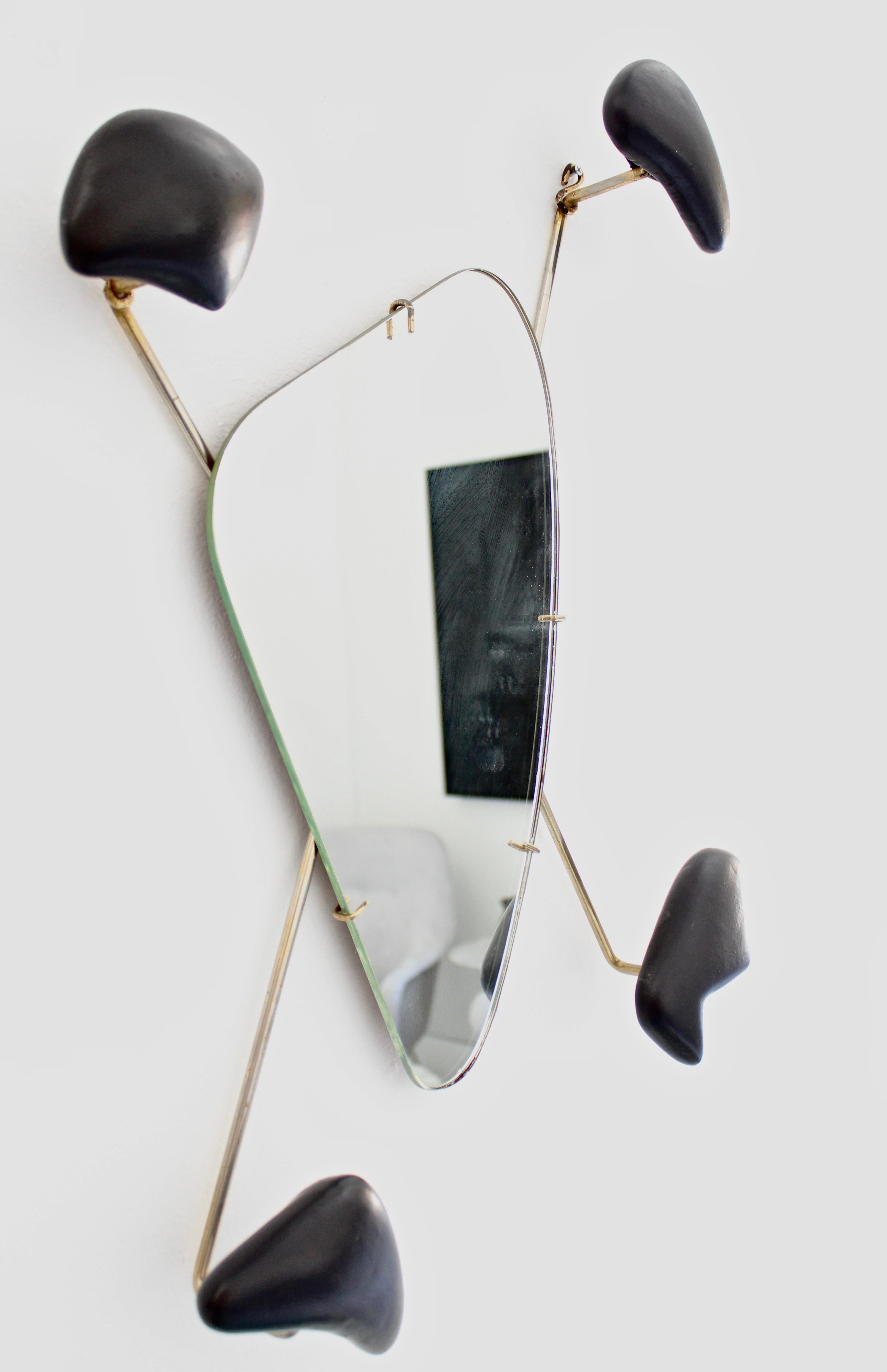 Georges Jouve Black Ceramic Coat Rack with Mirror in Brass Frame, circa 1955 1