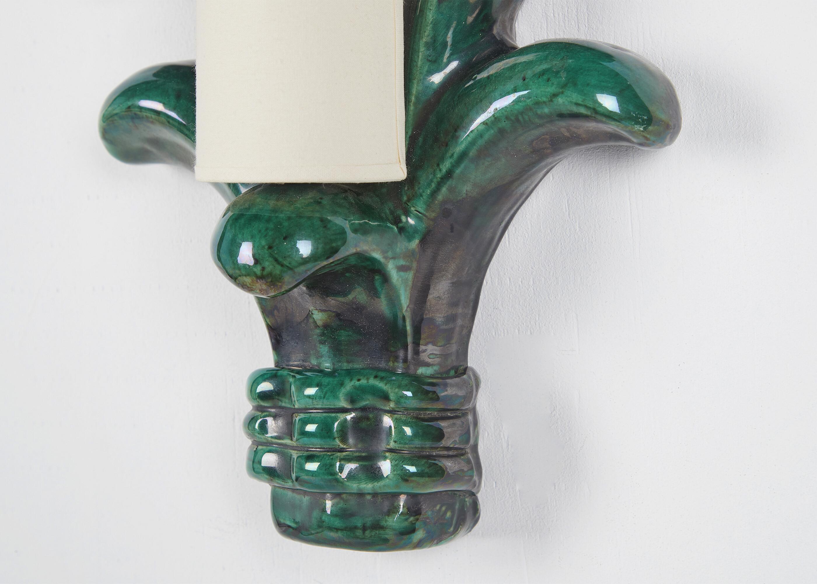 French Georges Jouve, Glazed Ceramic Wall Sconce, France, circa 1950