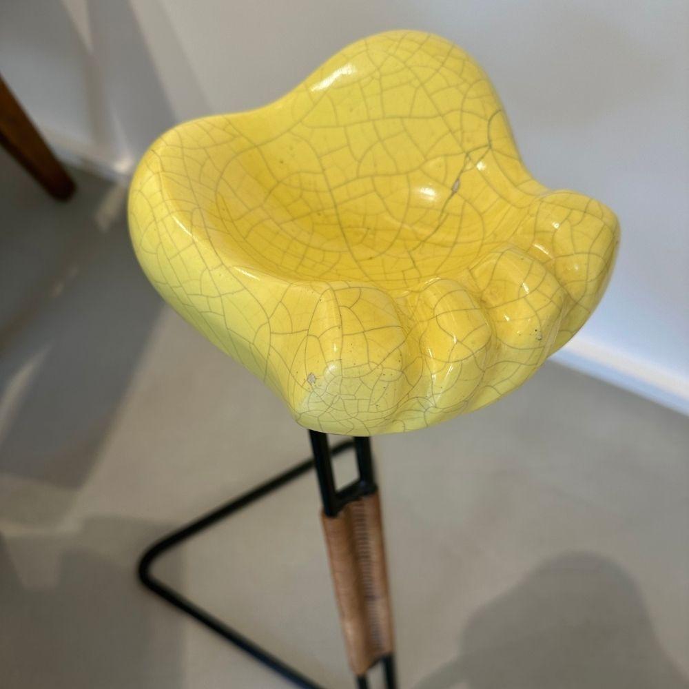 Bear paws in glazed and cracked ceramic
 PIED FUMEUR BY MATHIEU MATEGOT 
Lacquered metal and rattan base 
7 x 18 x 18 cm (Paw)  55 x 32 x 30 cm (Smoking Foot)  63 x 32 cm (Set)