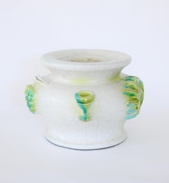 Georges Jouve White Crackle Glaze Ceramic Vase Sun, Wine Goblet, Grapes Motif