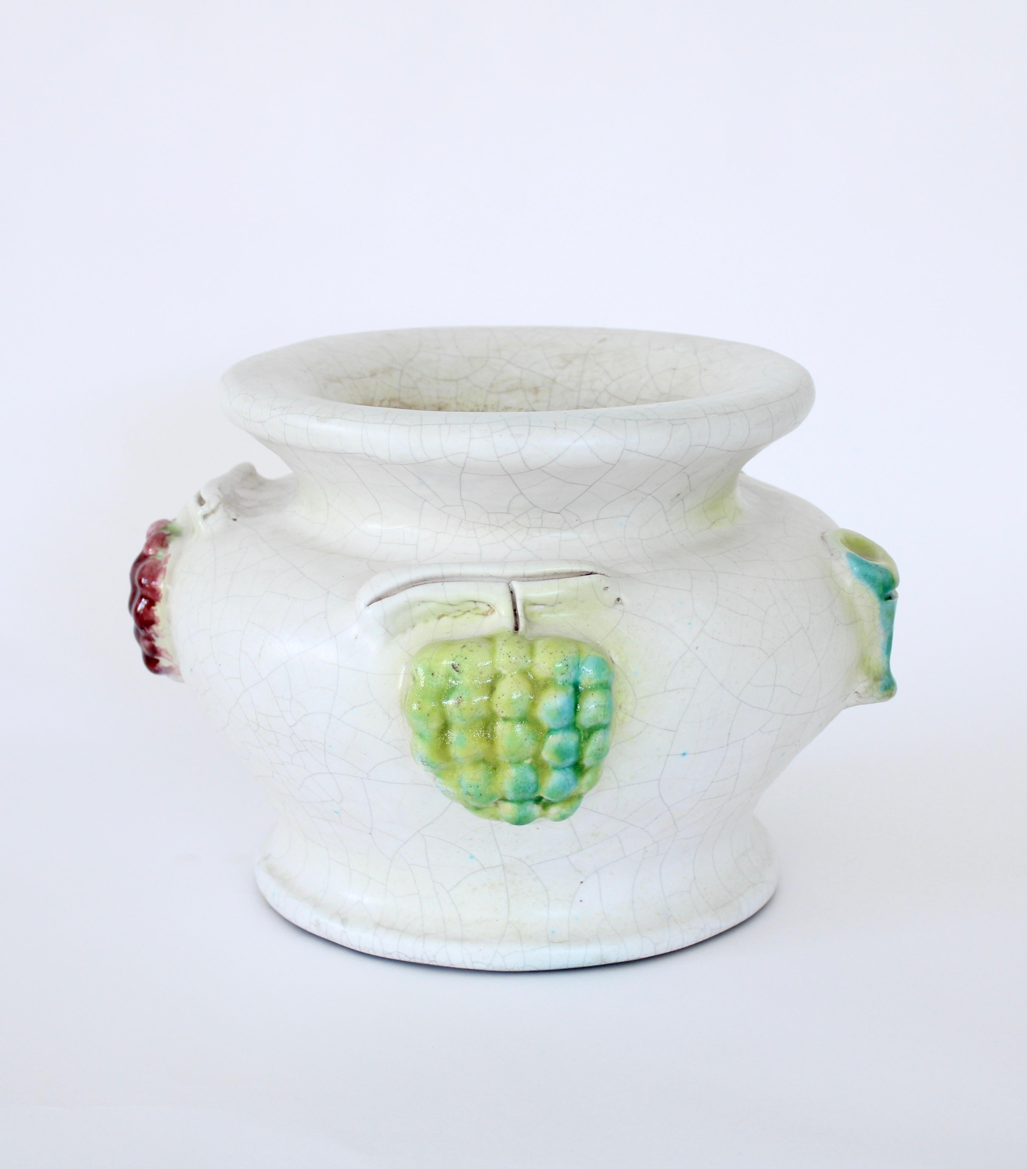 Mid-Century Modern Georges Jouve White Crackle Glaze Ceramic Vase Sun, Wine Goblet, Grapes Motif