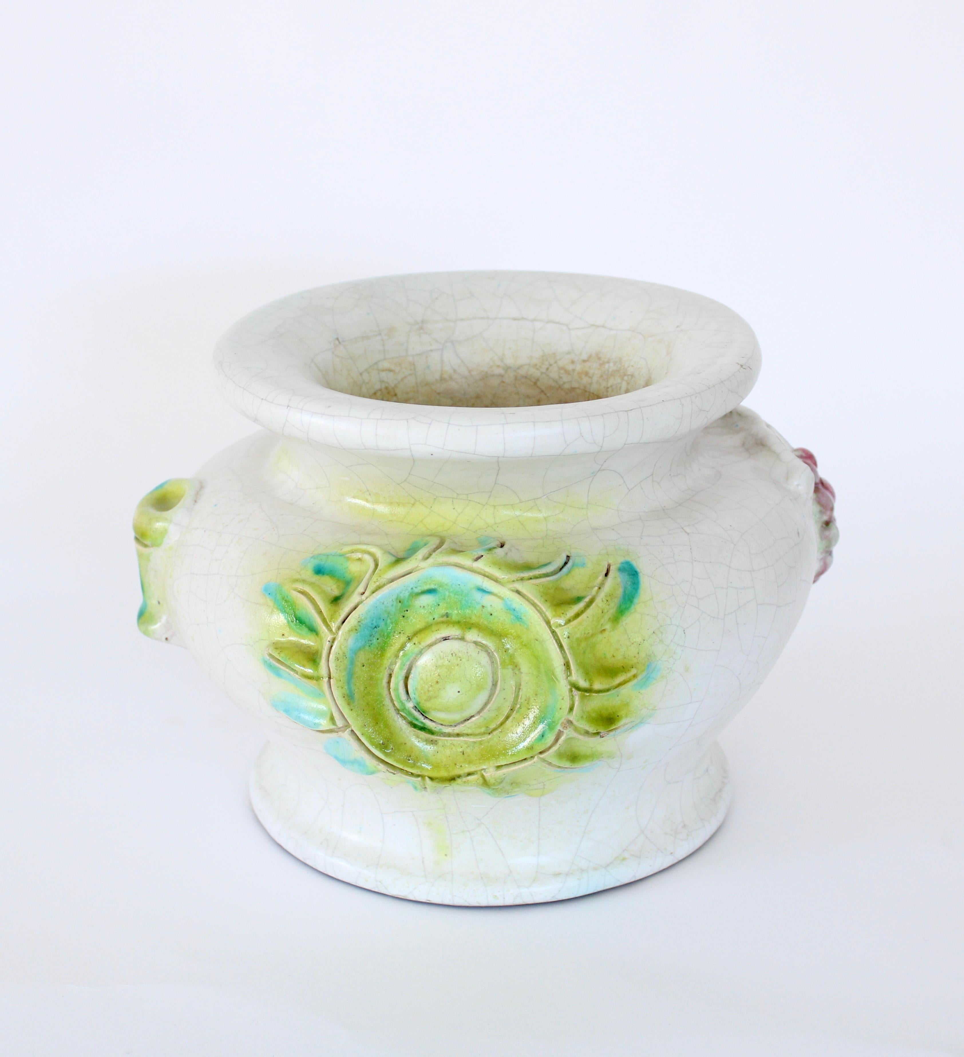 Mid-20th Century Georges Jouve White Crackle Glaze Ceramic Vase Sun, Wine Goblet, Grapes Motif